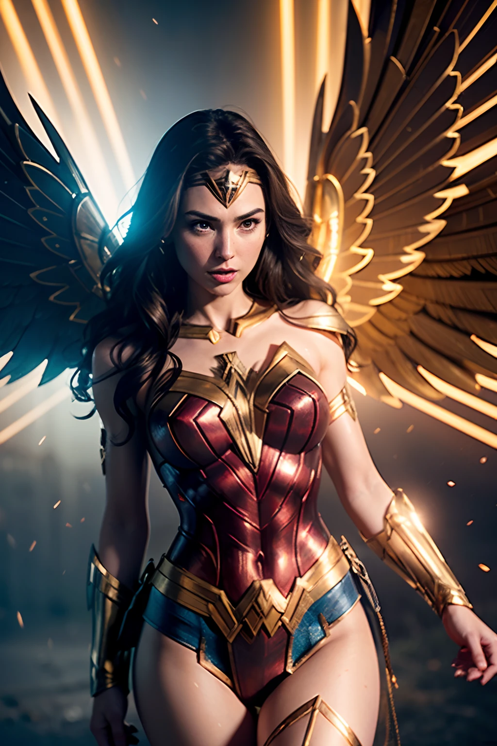 Gal Gadot as Wonder Woman, ((wearing golden Wonder Woman armor with mechanical angel wings)), (glowing lights), (muscular body), (dynamic pose), (hyper realistic:1.4), (realistic:1.3), (best quality real texture skin), full body, (Cinematic Light), highly detailed skin, skin pores, (highly detailed face:1.1), (highly detailed eyes:1.1), realistic pupils, (perfect anatomy:1.1), (perfect proportions:1.1), (photography:1.1), (photorealistic:1.1), volumetric lighting, dynamic lighting, real shadows, (highres:1.1), sharp focus, daylight, (realistic, hyperrealistic:1.4), intricate, high detail, dramatic, subsurface scattering, big depth of field, vivid, polished, sharpened, ((full Sharp)), (extremely absurdres),8k hdr