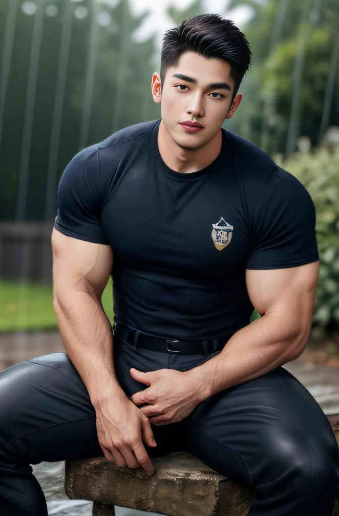 20-year-old boy ,Korean male officer ,Thin mustache...,handsome ,Wear a dark navy short-sleeved shirt..........., Dark navy trousers, Black boots and dark navy gloves.,sit on the ground , His legs spread apart............................, Police Logo ,tight breasts ,Muscle Man , ((The arm muscles are very large...............)) ,large boobs , Wide shoulders ,open legs ,Hold the bulge firmly with both hands........................................... ,Large long bulge pointing upwards................................... ,Sexually suggestive, (Dynamic Poses:1.1) , thights , (Embossed Focus:1.2),On your knees....................., ,It's raining ,Mud Pond , Best qualtiy , Wide lens ,deep depth of field ,Bokeh background