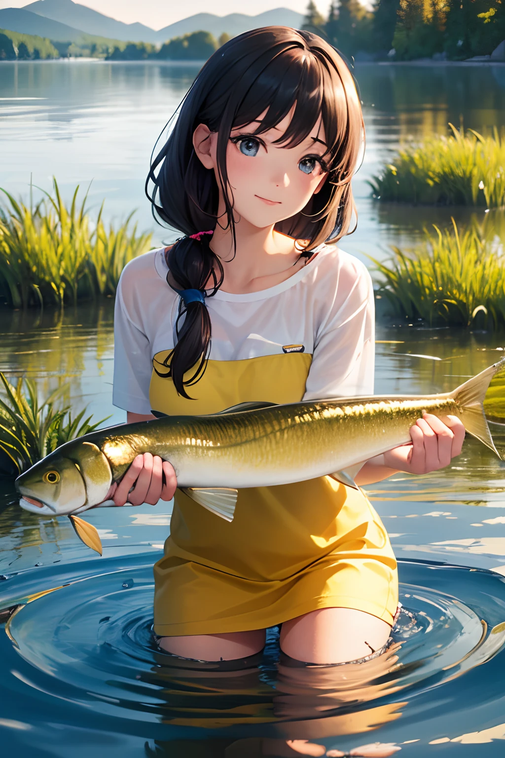 a girl fishing,water reflections, peaceful lake environment,fishing rod and tackle box,gentle ripples on the water,sunlight glittering on the surface,freshwater fish,calm and serene atmosphere,(best quality,4k,8k,highres,masterpiece:1.2),ultra-detailed,realistic:1.37,HDR,UHD,studio lighting,professional,vivid colors,bokeh,landscape,naturalistic colors,soft sunlight