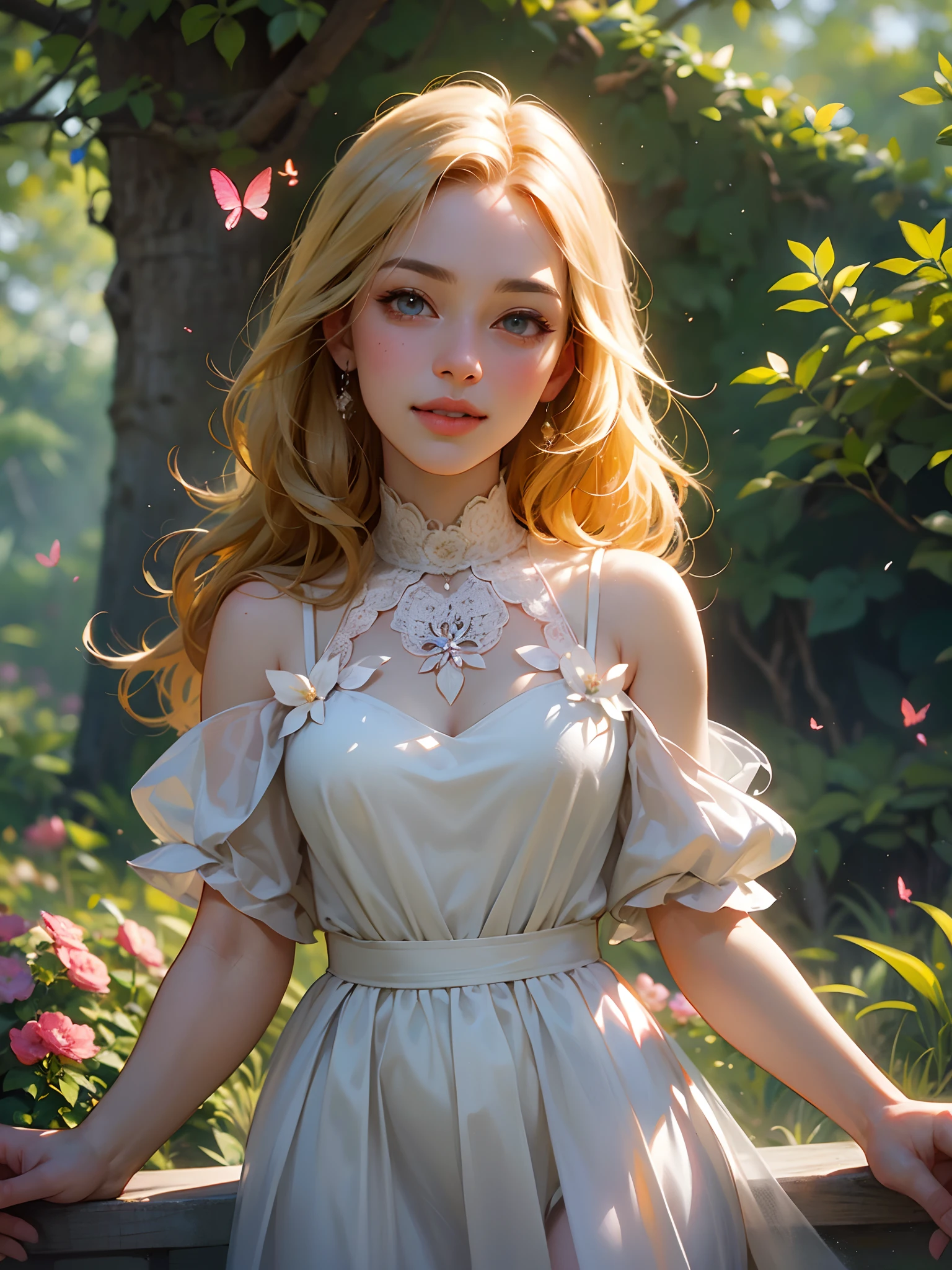 (best quality,4k,8k,highres,masterpiece:1.2),ultra-detailed,(realistic,photorealistic,photo-realistic:1.37),portraits,warm color tones,soft natural lighting),a girl in a garden,beautiful detailed eyes,beautiful detailed lips,extremely detailed eyes and face,long eyelashes,flowing blonde hair with sunlight shining through,colored sundress with floral patterns,standing in the middle of a vibrant garden surrounded by blooming flowers,lush green grass and tall swaying trees in the background,butterflies fluttering around her,graceful and relaxed pose,smiling expression with rosy cheeks and bright eyes,soft breeze gently blowing her hair and the flowers,creating a sense of tranquility and peace,overall scene exuding a serene and dreamy atmosphere,illustration style with a touch of brightness and warmth,detailed textures and intricate brushwork,as if the painting has come to life,inviting viewers to step in and enjoy the beauty of nature.