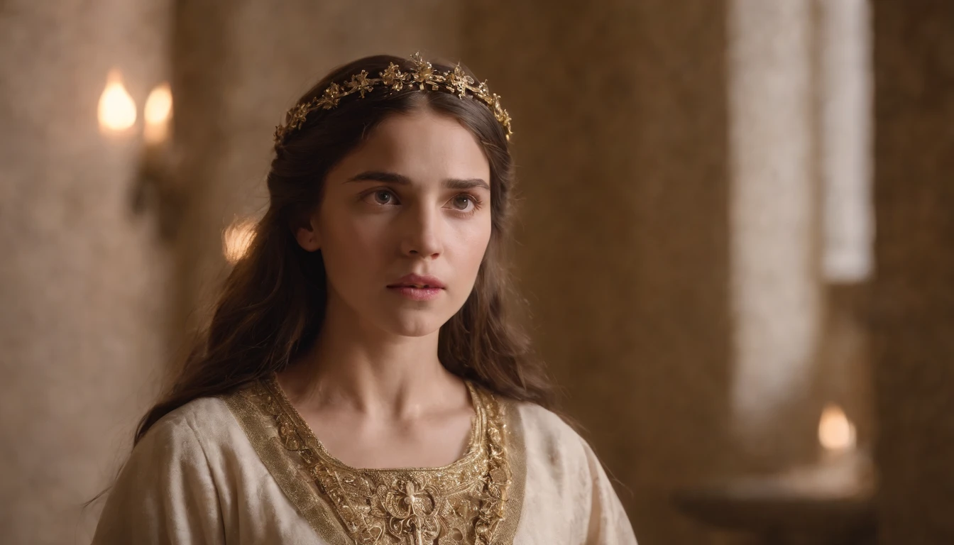 A girl standing with shocking reaction, with clothes from the time of Jesus Christ, cabelos longos e escuros, and some gold jewelry