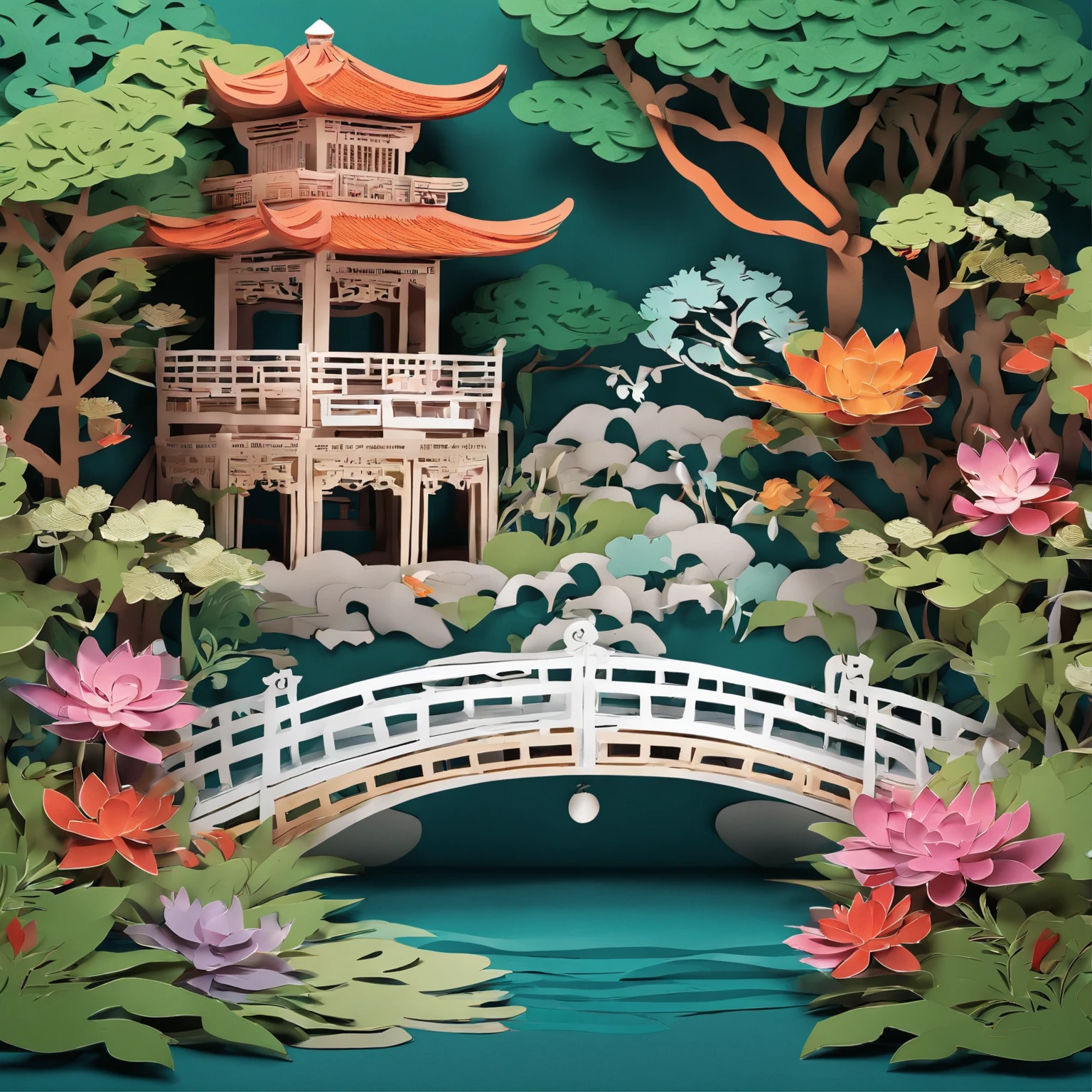 Masterpiece、(Charming Chinese garden scenery);1.9、(Three-dimensional paper cutting art、extremely colorful):1.9