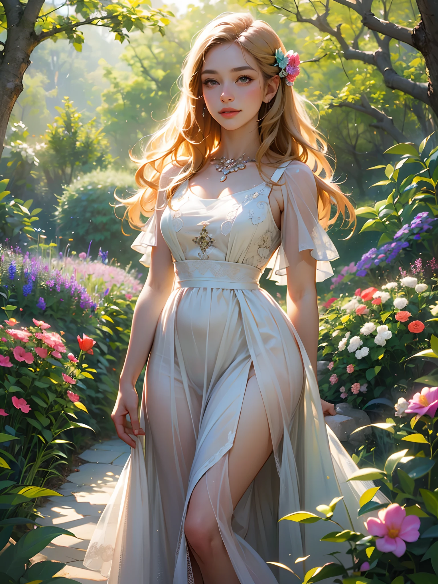(best quality,4k,8k,highres,masterpiece:1.2),ultra-detailed,(realistic,photorealistic,photo-realistic:1.37),portraits,warm color tones,soft natural lighting),a girl in a garden,beautiful detailed eyes,beautiful detailed lips,extremely detailed eyes and face,long eyelashes,flowing blonde hair with sunlight shining through,colored sundress with floral patterns,standing in the middle of a vibrant garden surrounded by blooming flowers,lush green grass and tall swaying trees in the background,butterflies fluttering around her,graceful and relaxed pose,smiling expression with rosy cheeks and bright eyes,soft breeze gently blowing her hair and the flowers,creating a sense of tranquility and peace,overall scene exuding a serene and dreamy atmosphere,illustration style with a touch of brightness and warmth,detailed textures and intricate brushwork,as if the painting has come to life,inviting viewers to step in and enjoy the beauty of nature.