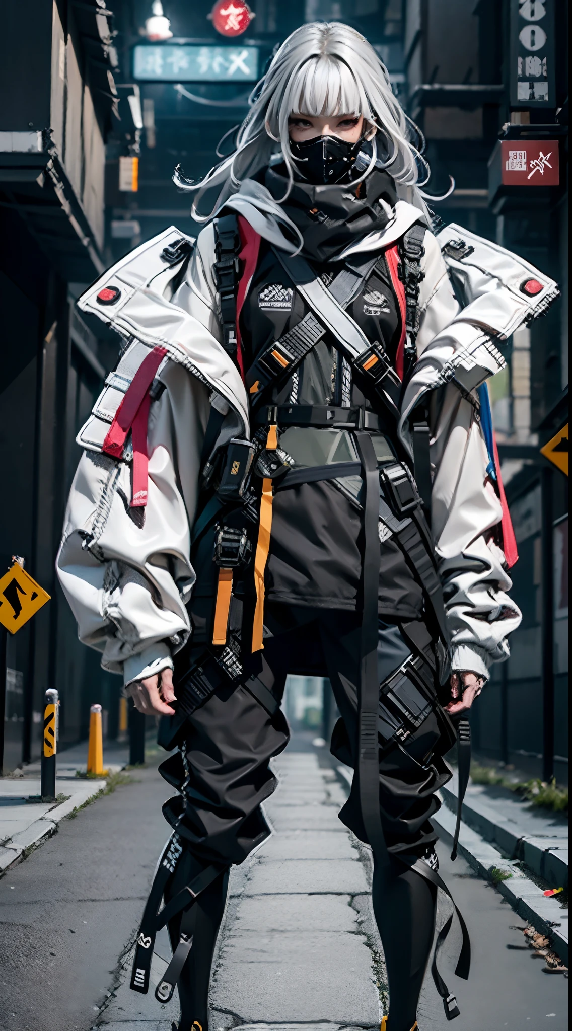 1girll, (Full body shot from head to shoe),helmet, Hood, Solo, Spacesuit, Extra-long_Hair, bangs, Jacket, The upper part of the body_Body, White_Hair, bag, Blurry, Coat, Grey_Eyes, Mask, Blurry_Background, Backpack, zippers, Mouth_Mask, Covered_Mouth, Urban tech clothing, Outfit,lowerbody,Fair long legs,Unequal network leggings,with light glowing,zippers,Mechanical loot,Full body shooting from head to toe。