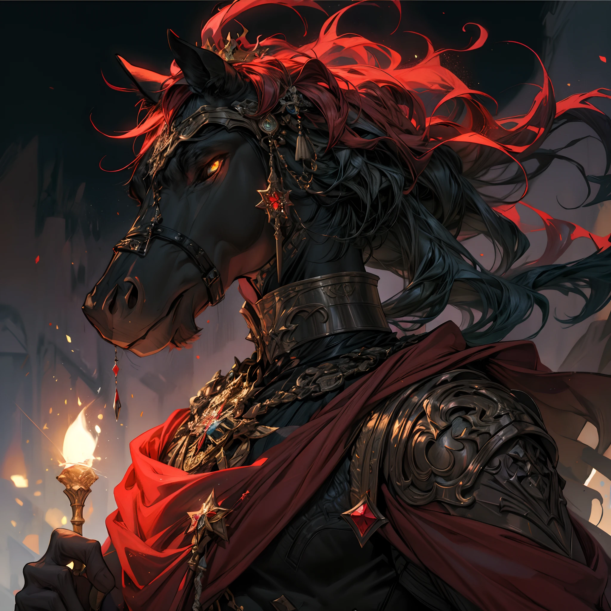 (prompt)
Horse in a Red Cape, Armored, Holding a Candle, Strong Lighting Effects, Gemstones, Jewel-Encrusted Armor, Created by YJ, Influenced by ArtStation Pixiv Popular, ZeroZen Art, Red-Equipped Prince Crown, by Roman Bezpalikov, with Inspiration from Kamagurka, Epic Fantasy Art Style, Dark Fantasy Art Style, Pixiv Contest Champion, 8K High-Quality Detailed Art.

Be aware of：I've adjusted the order of the tag，to ensure that the importance is ranked from highest to lowest。This prompt is very detailed，The main body of the picture is secured、Material、Additional details、image quality、art-style、Description of color tones and lighting effects。The resulting image will be of high quality、Paintings full of details，Perfectly present the scene you described。