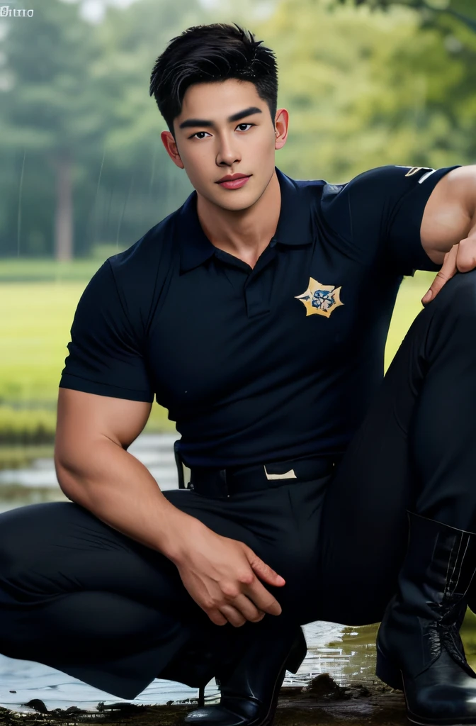 20-year-old boy ,Korean male officer ,Thin mustache...,handsome ,Wear a dark navy short-sleeved shirt............., Dark navy trousers, Black boots and dark navy gloves.,sit on the ground , His legs spread apart.............................., Police Logo ,tight breasts ,Muscle Man , ((The arm muscles are very large.................)) ,large boobs , Wide shoulders ,open legs ,Hold the bulge firmly with both hands............................................. ,Large long bulge pointing upwards..................................... ,Sexually suggestive, (Dynamic Poses:1.1) , thights , (Embossed Focus:1.2),On your knees......................., ,It's raining ,Mud Pond , Best qualtiy , Wide lens ,deep depth of field ,Bokeh background