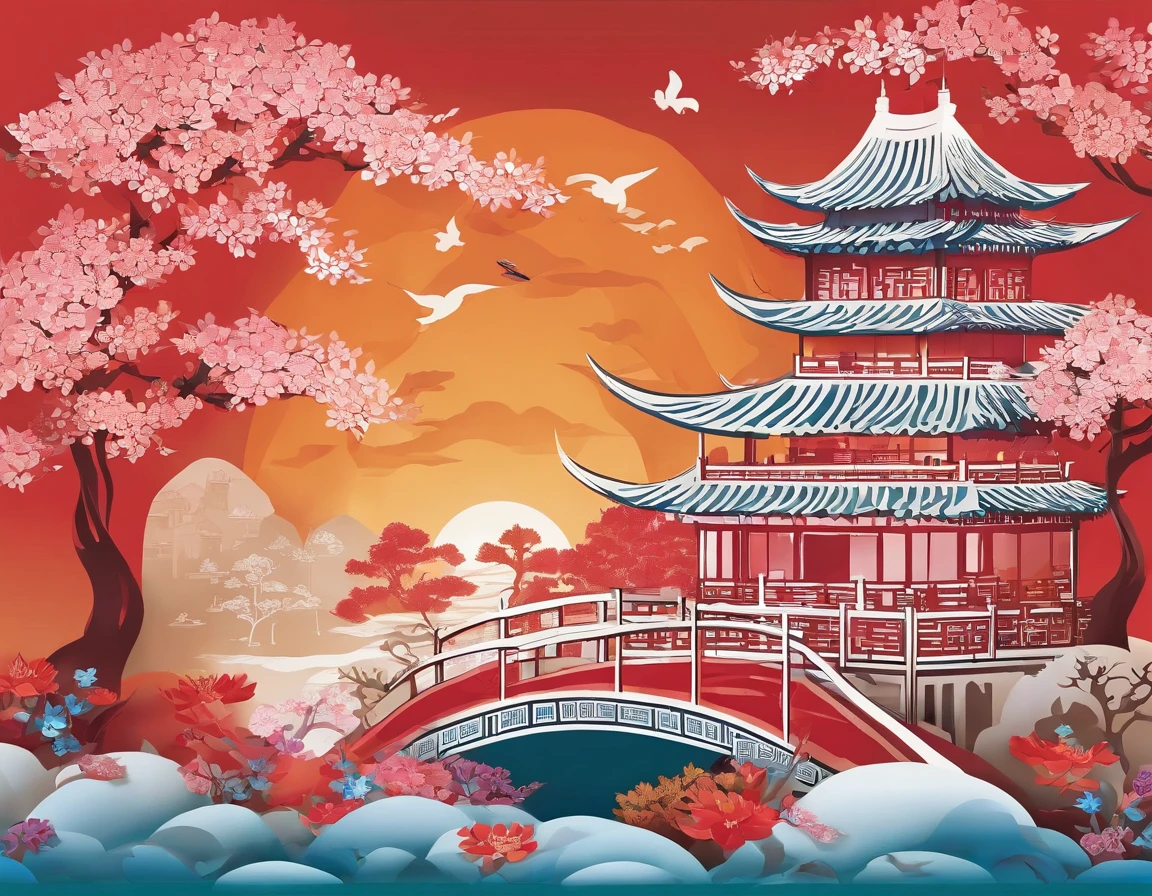 Design a set of UIs,Chinese elements,Auspicious clouds,Red tone,Complex and beautiful,opulent,Landscapes, flowers and birds