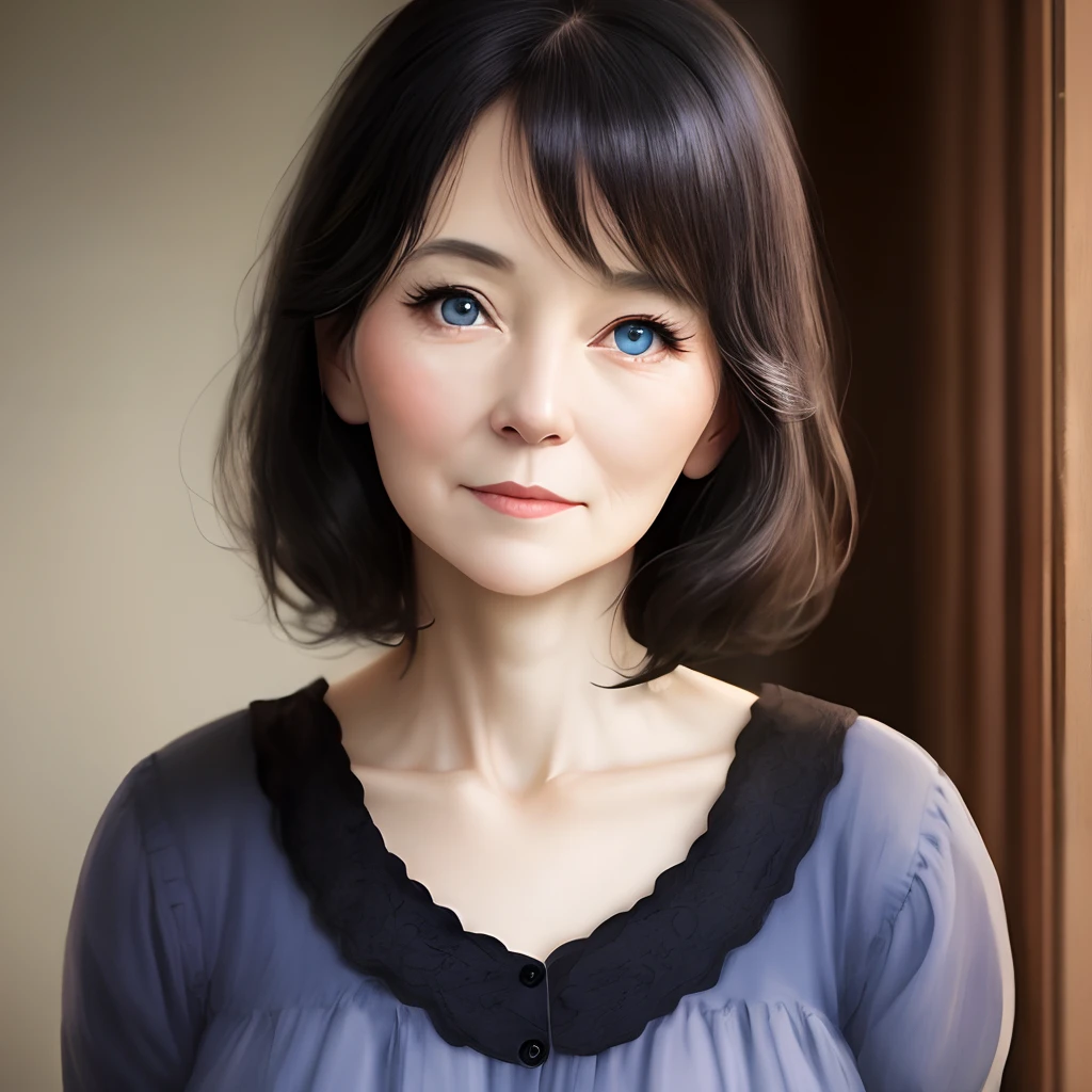 The beautiful mature girl with pale skin, black hair, blue eyes