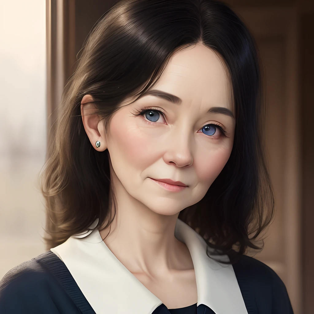The beautiful mature girl with pale skin, black hair, blue eyes
