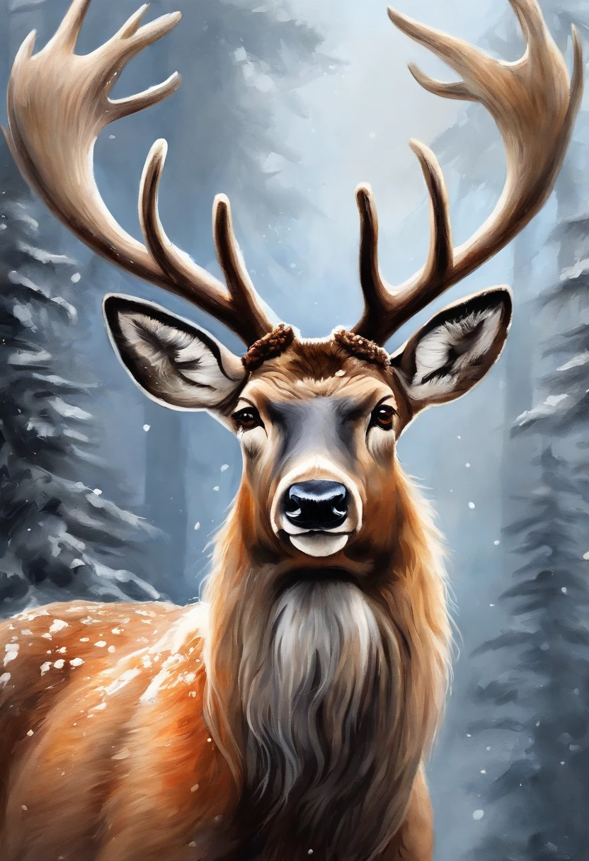 reindeer, oil painting, beautiful natural landscape, detailed fur, brown eyes and antlers, (best quality, 4k, 8k, highres, masterpiece:1.2), ultra-detailed, (realistic, photorealistic, photo-realistic:1.37), portraits, flowers on antlers, vibrant colors, professional lighting.