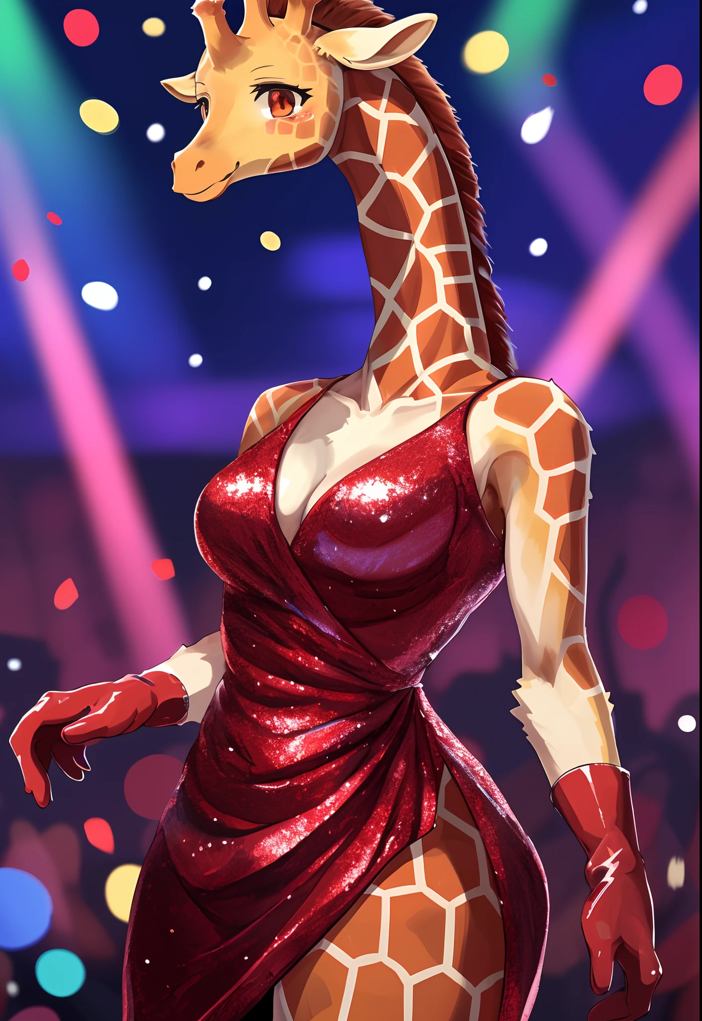 masterpiece, high quality, absurd res, digital painting \(artwork\), solo, (kemono:1.4), 1 female, giraffe female, smile, red sequins dress, party background, red gloves