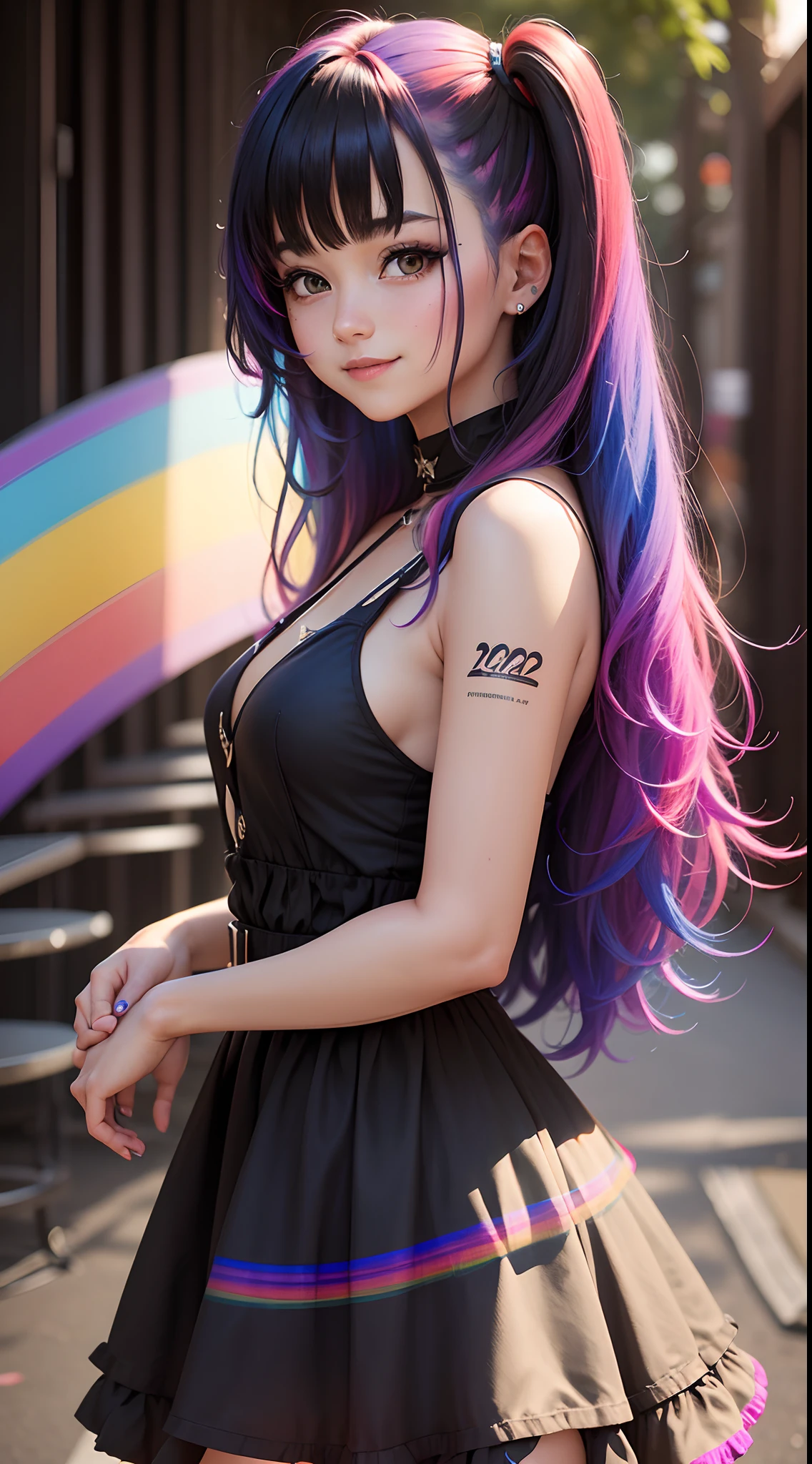 A 20-year-old girl with very vibrant rainbow colored hair, wearing a black dress with vibrant rainbow colored highlights, looking happy