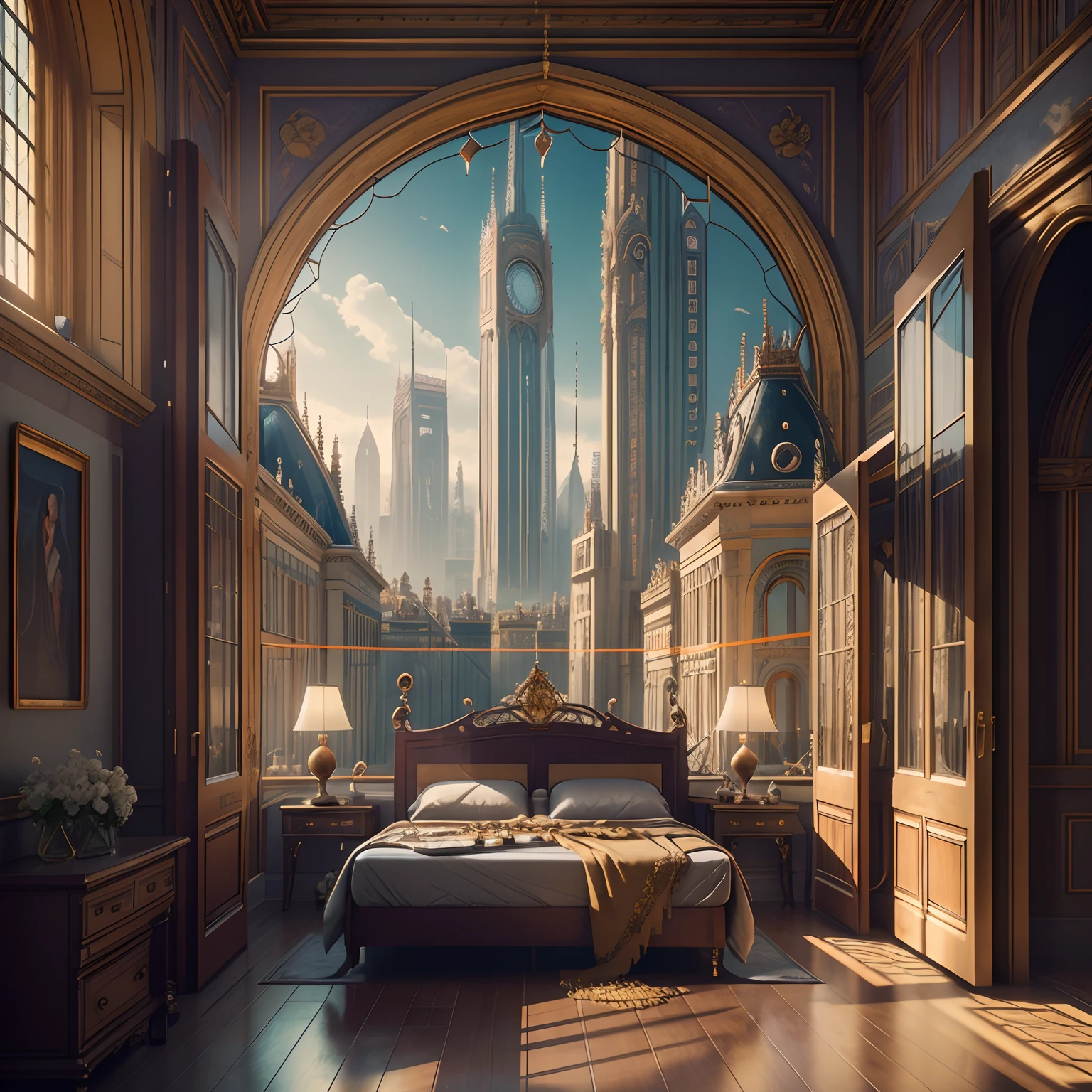 (((Generate an ornate bedroom in the style of Versailles with a big historical window.))) A hyperrealistic cyberpunk dreamscape cityscape is in the window. The cityscape is extremely detailed with many lights and LED neon colors and buildings of many different sizes. The cityscape has all colors of the rainbow and has hires interesting flying steampunk dirigibles. ((The cityscape is colorful.)) A giant steampunk standalone clock is seen ((through the window)). It is peaceful in the bedroom. The entire artwork is very realistic with many small details and enhancements. 3D render beeple, artstation and beeple highly, in fantasy sci-fi city, inspired by beeple, 8k, unreal engine unity CGI. Masterpiece and popular. Add many fantastical and beautiful details and nuances. (stained glass)