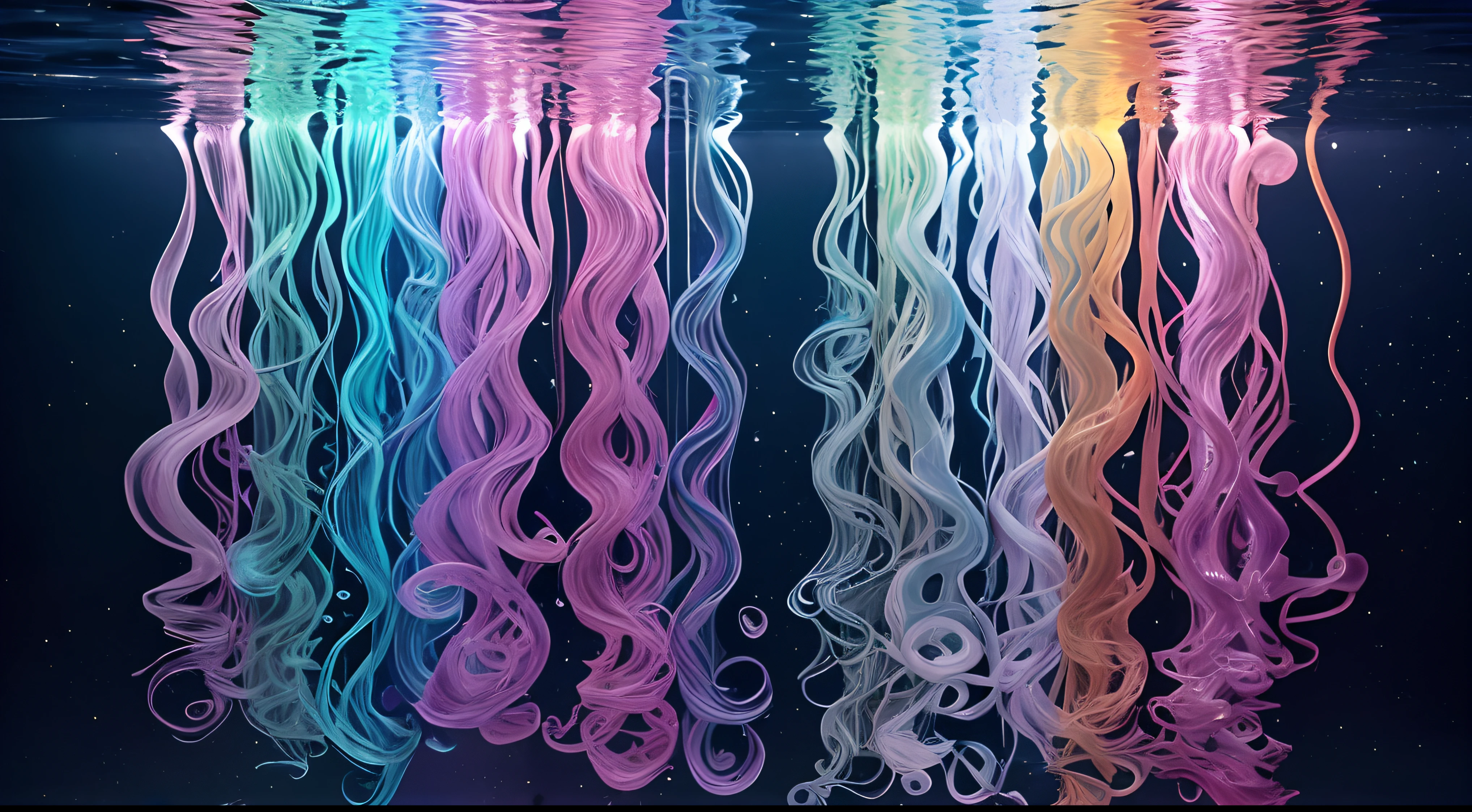 Un primer plano de medusas bioluminiscentes flotando en la profundidad del oceano, llevadas por la corriente. Colores fluidos, translucidos , fosforescentes, de colores brillantes, acid-colored smoke, Humo de color, humo de arco iris, colores radiantes, psicodelicos, sensacion de movimientos fluidos , arremolinado, Arte de los fluidos en movimientos