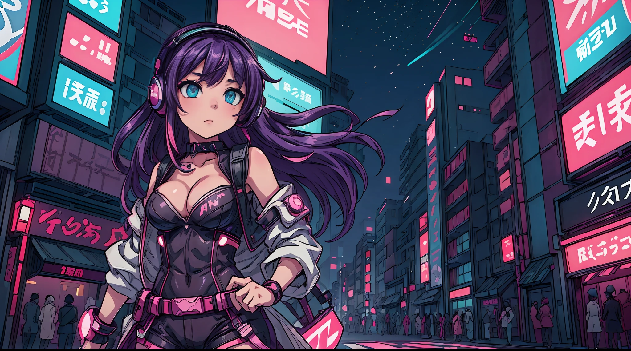 sexy anime 1girl, headphones, glowing skin, beautiful background, beautiful sky, aesthetic, vanilla, night, cleavage, Japan, Tokyo city, manga, vibrant colors, neon lights, futuristic, cityscape, seductive eyes, stylish attire, long flowing hair, alluring pose, moonlight, urban setting, bustling streets, high-rise buildings, iconic landmarks, cherry blossoms, street fashion, street art, vibrant nightlife, energetic atmosphere, modern technology, cyberpunk vibes, anime-inspired style, enchanting charm, captivating expression, soft and delicate features, immersive ambiance, alluring and mysterious. (best quality, 4k, high-res, ultra-detailed), vivid colors, neon glow, studio lighting