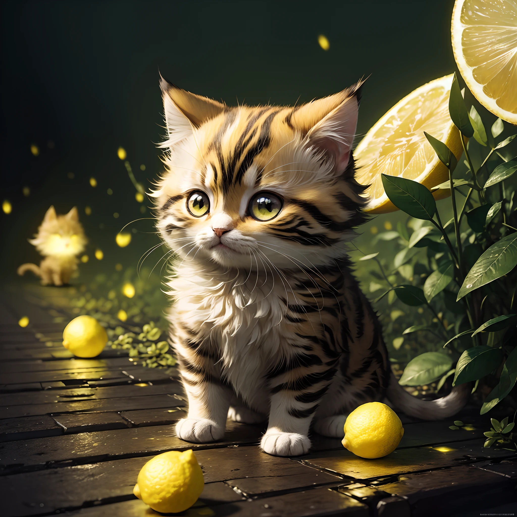 An eccentric and adorable cute and furry chibi cat like a lemon in a lemon field bioluminescent, soft lighting, sharp focus, by Marc Simonetti & Yoji Shinkawa & WLOP, paint drops, edges, artstation trends , photo studio, intricate details, highly detailed