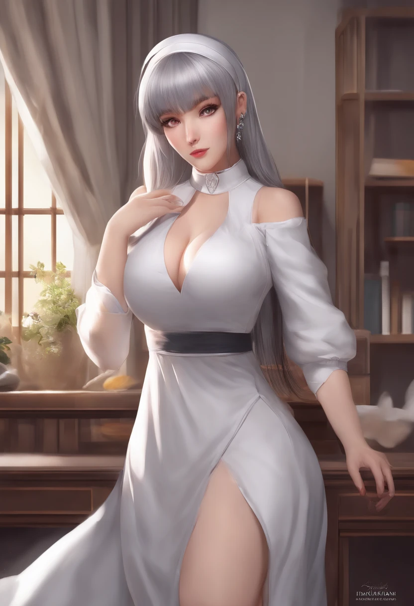 nsfw, age 25, thicc, large breasts, asymmetrical bangs, side ponytail, grey hair, hairclip, gloating, nun, footjob, pojecile cum,