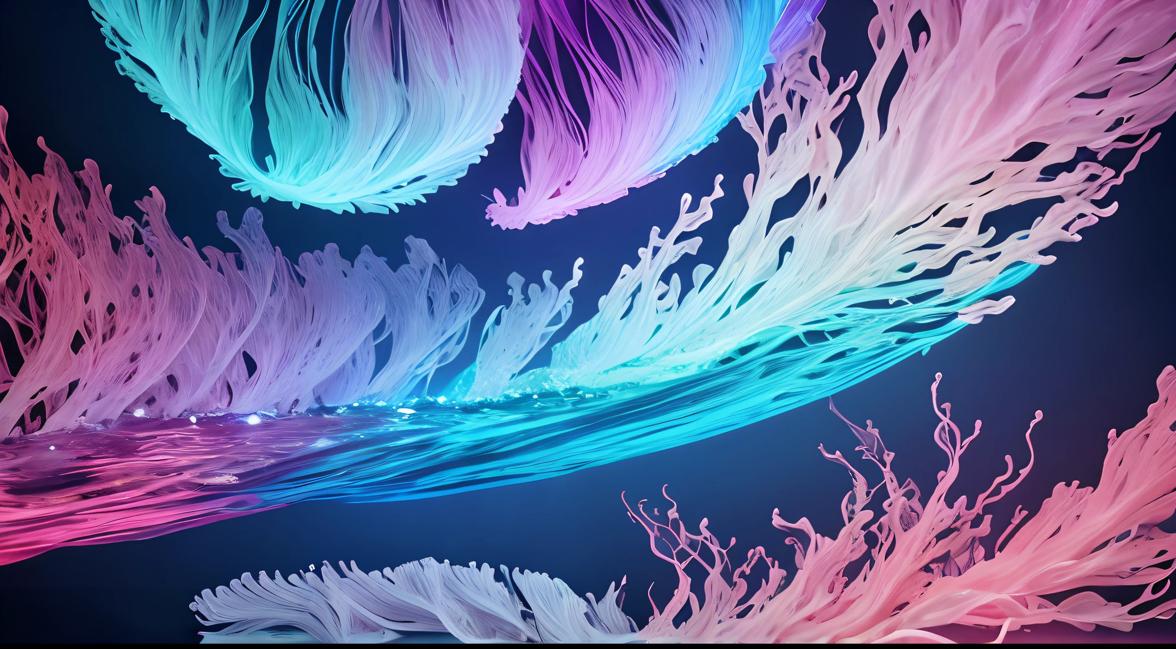 Un primer plano de medusas bioluminiscentes flotando en la profundidad del oceano, llevadas por la corriente. Colores fluidos, translucidos , fosforescentes, de colores brillantes, acid-colored smoke, Humo de color, humo de arco iris, colores radiantes, psicodelicos, sensacion de movimientos fluidos , arremolinado, Arte de los fluidos en movimientos