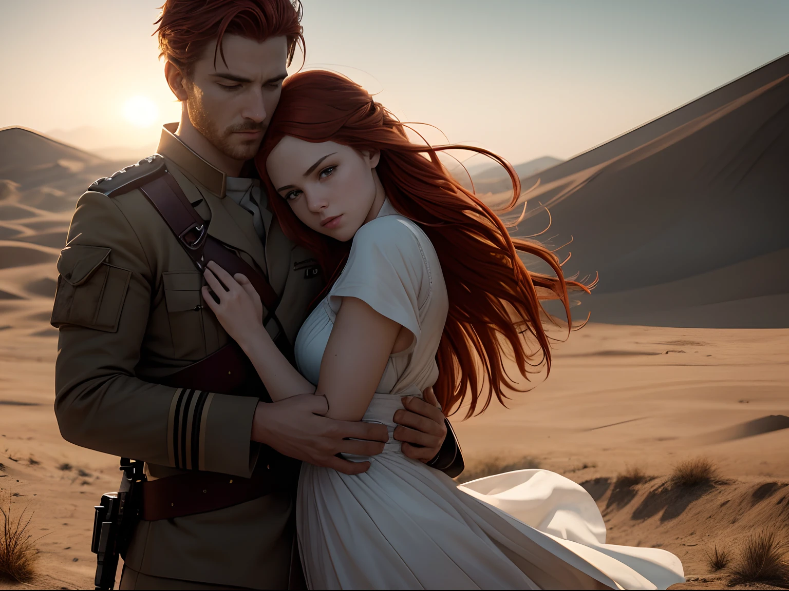 Photorealistic Production Still of a Man and Woman Siblings Hugging Each Other, Red Hair, White Soldier Outfit, Epic Action Scene, Deserted Battlefield at Evening, Golden Hour Lighting, Film Still, Waist-up Shot, Insane Details, Intricate Face Detail, Intricate Hand Details, Cinematic Shot and Lighting, Realistic Colors, Masterpiece, Sharp Focus, Ultra Detailed, Taken with DSLR camera, Realistic Photography, Depth of Field, Incredibly Realistic Environment and Scene, Master Composition and Cinematography