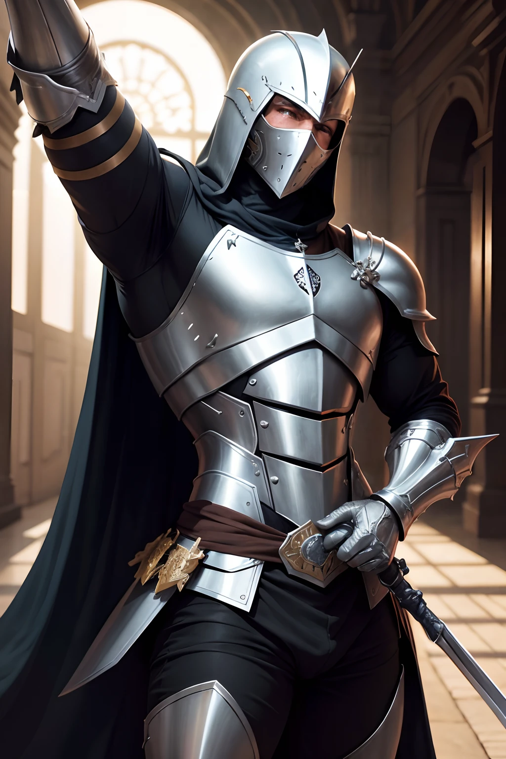 Homem grande com espada bastarda em armadura negra