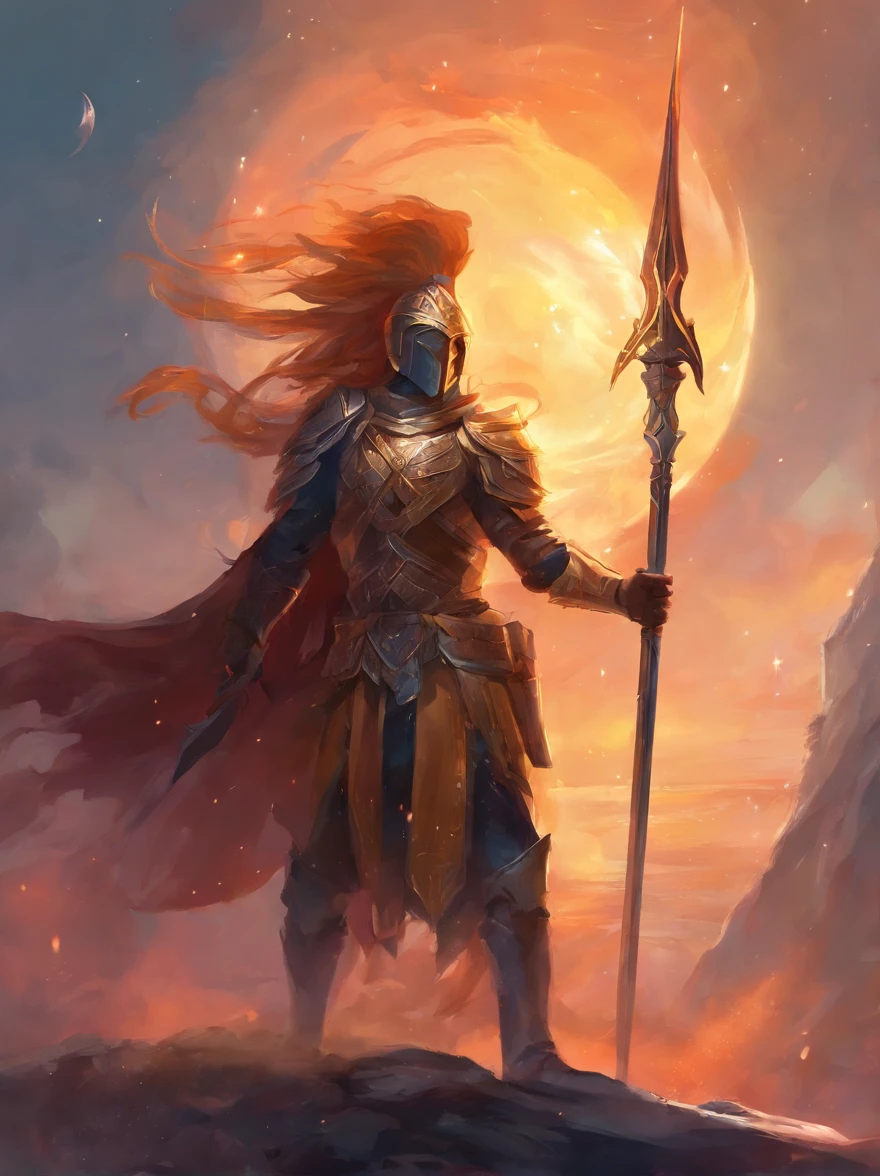 A soldier, with spear in hands, standing after victory, valor , heroic pose