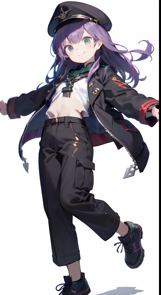 1girl, full body, happy face, dark purple hair, black highlights, dark green eyes, azure lane Bismarck hat, silver anchor on chain, open military jacket, oversized shirt, military pants, tpose, no background, medium length hair, flat chest, shoto, loli