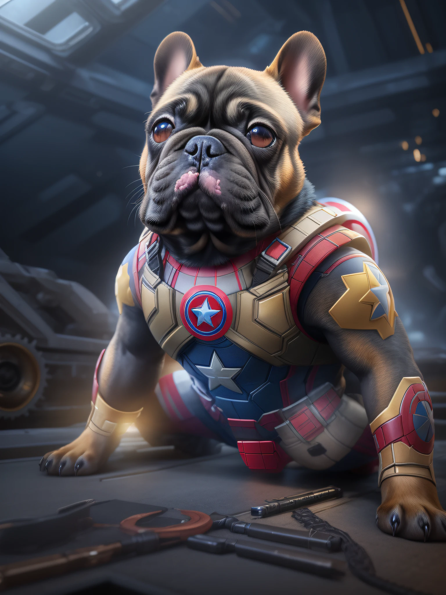 french bulldog, (marvel captain america), Klaren Mecha-Planetenhintergrund, Stereoskopischer Effekt, 3D-gerendert, (Beste Illustration), (super detaillierter CG), Digitale Malerei, Eyes of the Milky Way, Ultra-Definition, --ios 120, Akribischer Ausdruck, HDR, Extrem hohe Detailgenauigkeit, Unreal-Engine, satte Farben, Oktan-Rendering, 8K