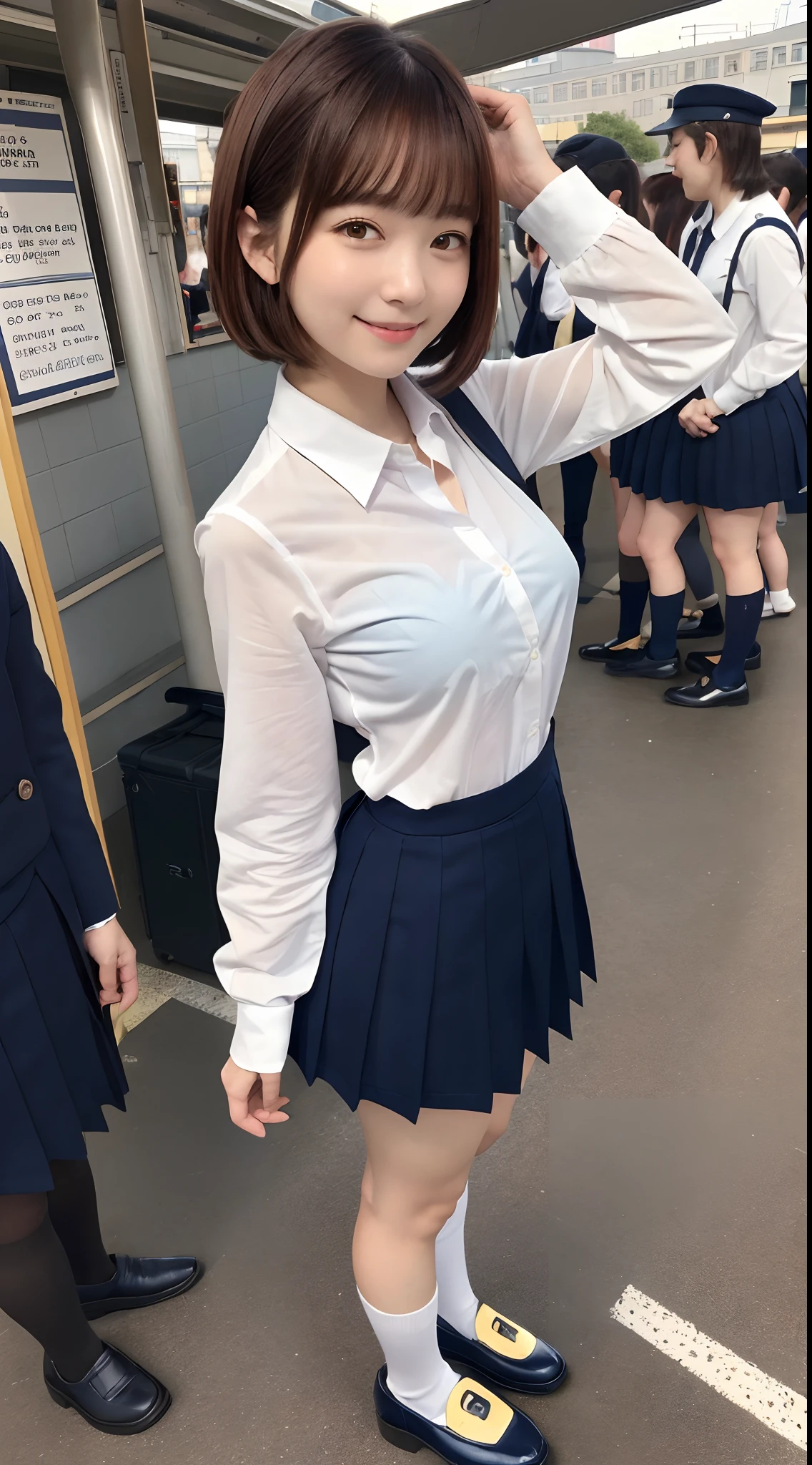 (8K, 超A high resolution, Best Quality, masutepiece:1.2),(18year old:1.2)、(Look away)、8K、RAW portrait of japanese girl、Photorealsitic、超A high resolution、top-quality、 (quite massive chest、Hide all breasts:1.2)(hi-school girl、White collared shirt、Navy Pleated Mini Skirt:1.3)、(Standing on a crowded station platform:1.2) Charming smile、(Brown hair wanlen bob、Black loafers、Navy Socks:1.2)Drawing from the side