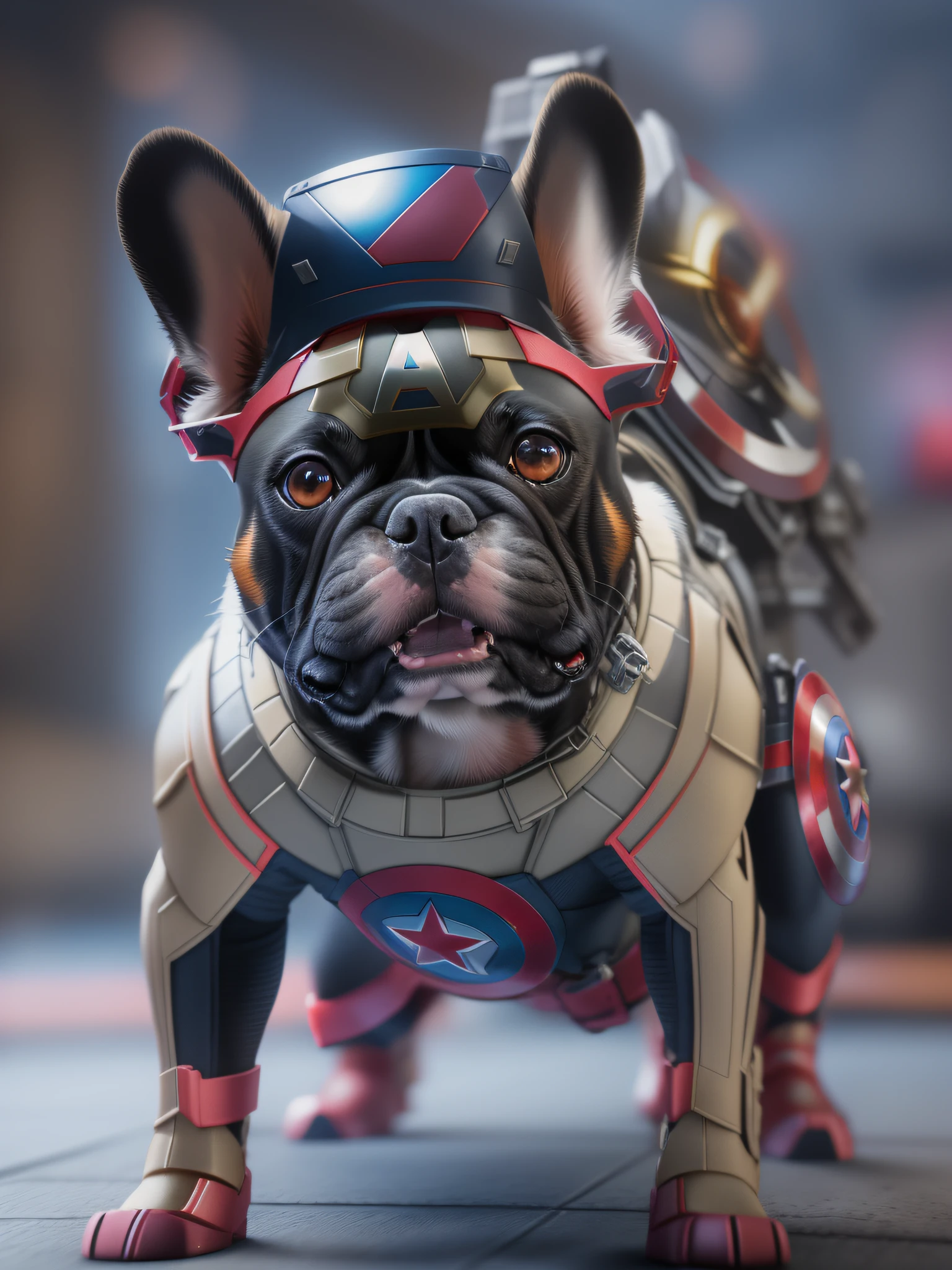 french bulldog, (marvel captain america), Klaren Mecha-Planetenhintergrund, Stereoskopischer Effekt, 3D-gerendert, (Beste Illustration), (super detaillierter CG), Digitale Malerei, Eyes of the Milky Way, Ultra-Definition, --ios 120, Akribischer Ausdruck, HDR, Extrem hohe Detailgenauigkeit, Unreal-Engine, satte Farben, Oktan-Rendering, 8K