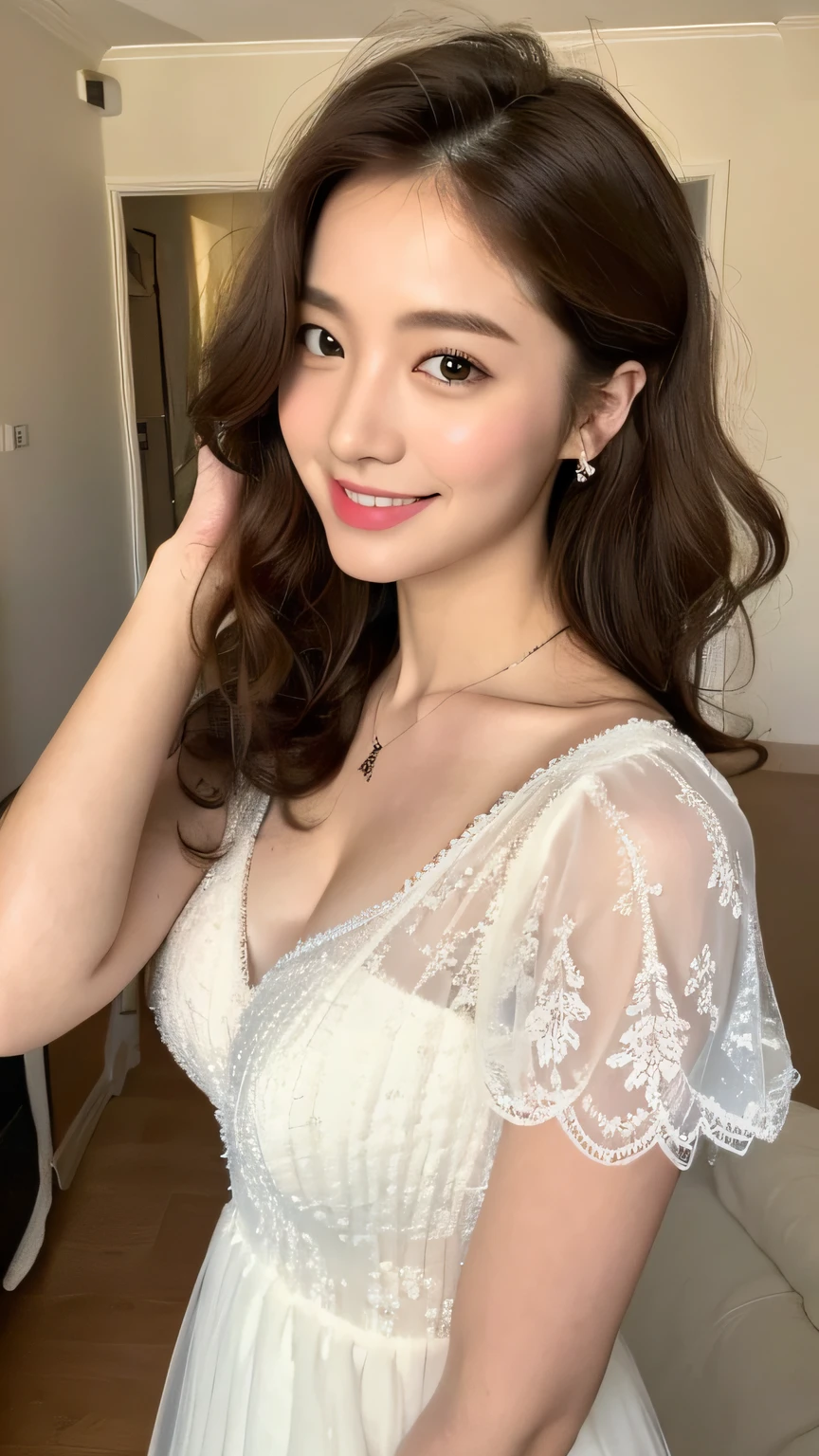 ((best qualtiy, 8K, tmasterpiece:1.3)), Focus:1.2, perfect figure beautiful woman:1.4, Cocked buttocks:1.2, ((Small curls:1.4)),(Long white legs:1.3) ,(Aviator sunglasses:1.2),(Fairy dress:1.4) , (inside in room: 1.2), Highly detailed facial and skin texture, A detailed eye, 二重まぶた,Whiten skin,(Straight big breasts:1.3),ssmile,Wear a necklace,gyuru