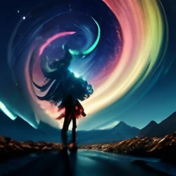 Loli Dragon, anime, cabelo azul, Quetzalcoatl, aurora boreal, noite, lua laranja
