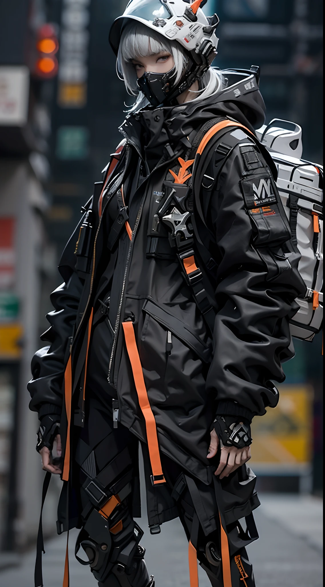 1girll,focal point:Shoot from head to shoe full body! (Full body shooting from head to shoe),helmet, Hood, Solo, Spacesuit, Extra-long_Hair, bangs, Jacket, The upper part of the body_Body, White_Hair, bag, Blurry, Coat, Grey_Eyes, Mask, Blurry_Background, Backpack, zippers, Mouth_Mask, Covered_Mouth, Urban tech clothing, Outfit,lowerbody,Fair long legs,Unequal network leggings,with light glowing,zippers,Mechanical loot,Full body shooting from head to toe。