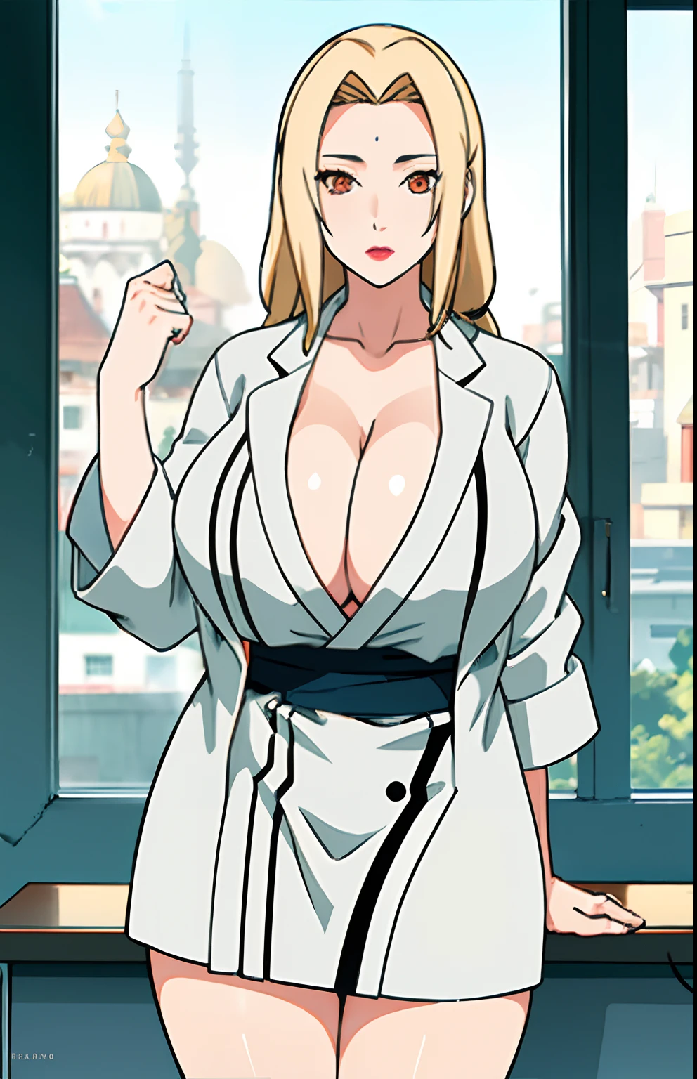 (Big tits), white shirt, (long lab coat), black tight skirt, fullbody, cleavage, good anatomy, masterpiece, best quality, 4k, 8k, professional photography, soft light, sharp focus, 1 girl, blonde hair, at classroom, blonde hair, parted banks, detailed face+brown eyes, open lips, lipstick, close up view, whiteboard