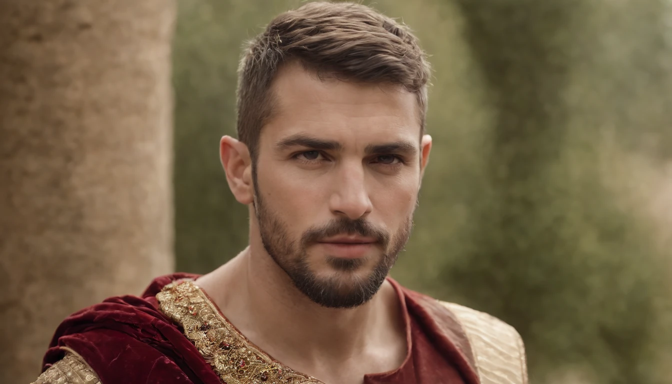 Rosto do homem com olhar poderoso, com roupas de rei e coroa de ouro com pedras preciosas, Profile muscles, Realistic, cinemactic, fundo escuro que representa Jerusalem