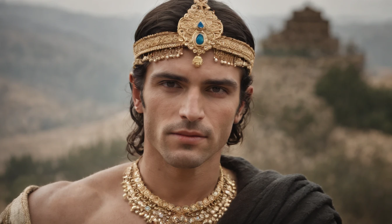 Rosto do homem com olhar poderoso, com roupas de rei e coroa de ouro com pedras preciosas, Profile muscles, Realistic, cinemactic, fundo escuro que representa Jerusalem