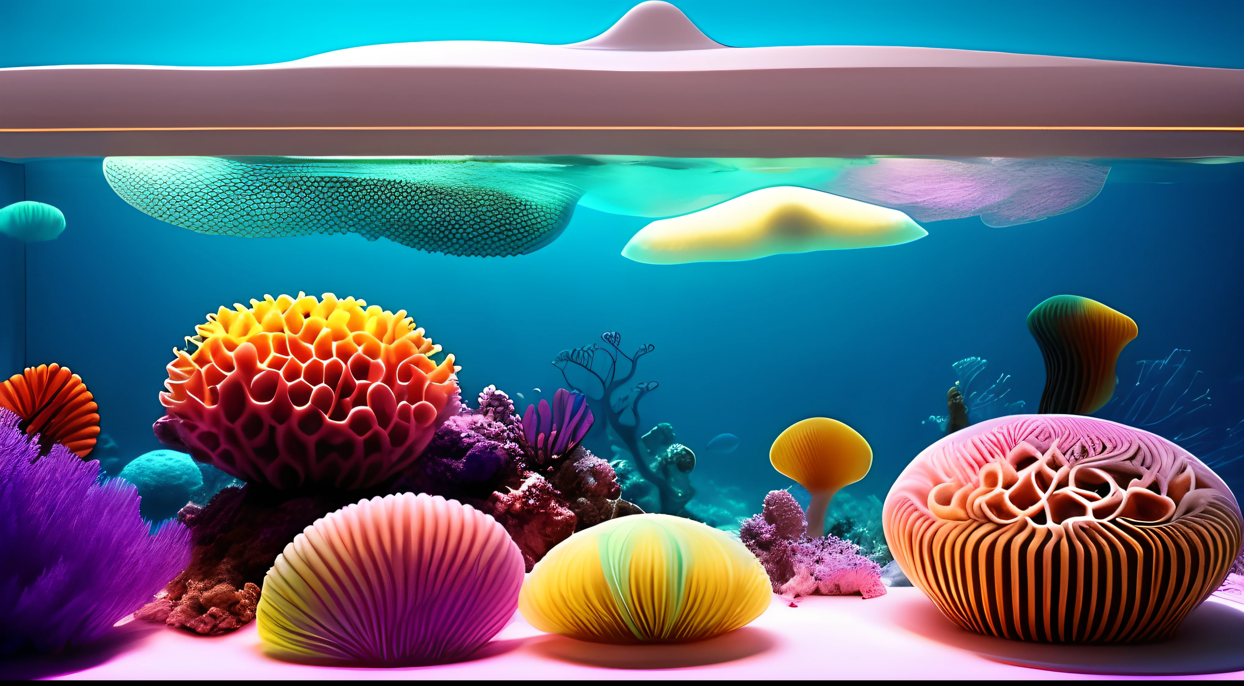 medusas bioluminiscentes flotando en la profundidad del oceano, llevadas por la corriente. Colores fluidos, translucidos , fosforescentes, de colores brillantes, colores radiantes, psicodelicos,iluminan el entorno oscuro con su fosforescencia, sensacion de movimientos fluidos , arremolinados, movimiento de los tentaculos de acuerdo al arte de los fluidos en movimiento