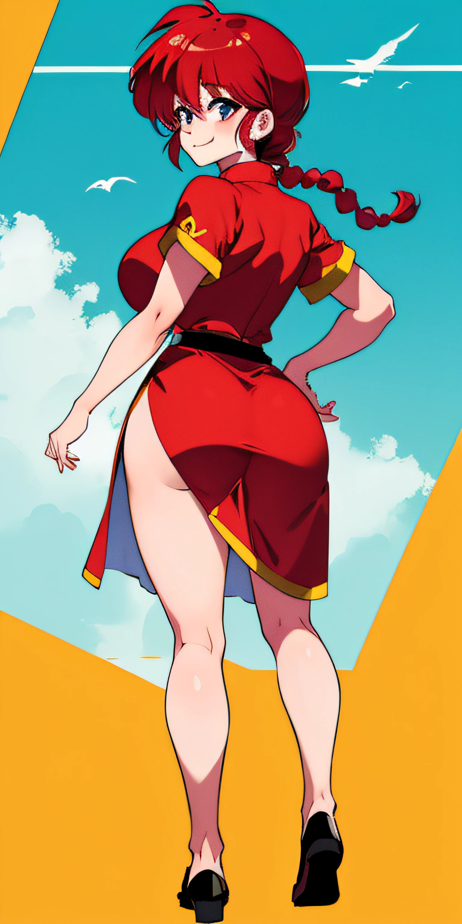 RanmaChan, de pie, solo, large_breasts, single_braid, RanmaRedShirt, obra maestra, mejor calidad, cara detallada, ojos detallados, highres, RanmaChan, de pie, solo, large_breasts, single_braid, RanmaRedShirt, obra maestra, mejor calidad, cara detallada, ojos detallados, highres,
full body, from behind, wearing a very short dress, very feminine showing her ass, ass in close-up, looking at the camera, with a smile