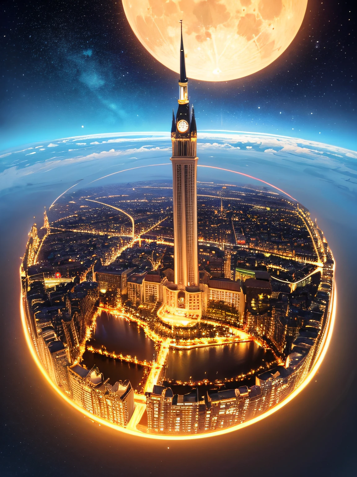 high res, ultrasharp, 8K, masterpiece, Stadt im Dschungel bei Nacht, viele Sterne, Vollmond, Perspektive, Aussicht von Hochhaus