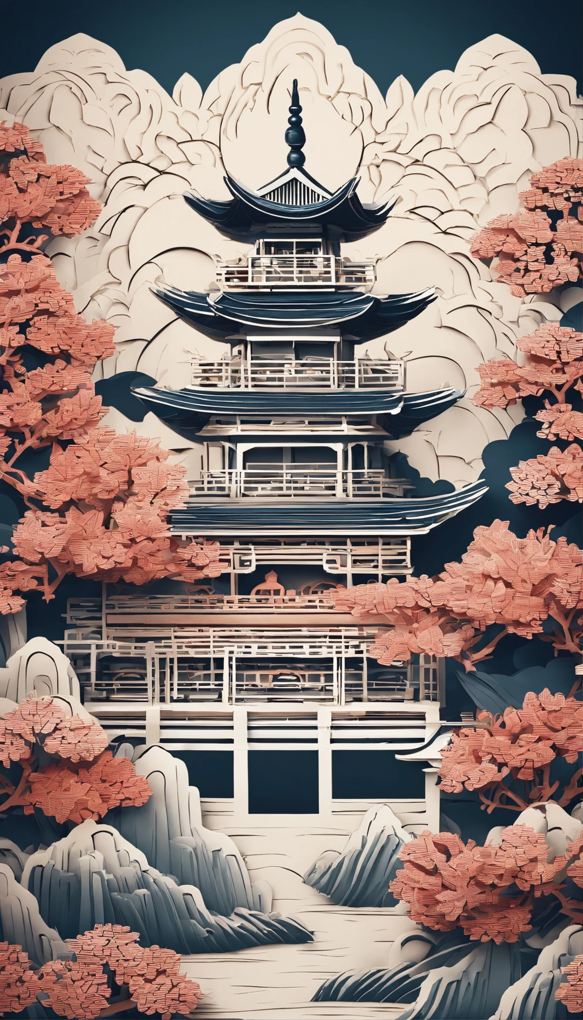 MDJRNY-PPRCT,chinese temple, gardens, Mountains and rivers, Clouds, (high detal:1.2)
