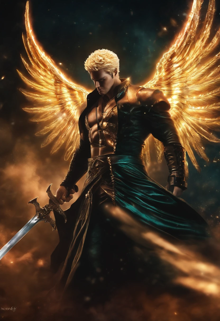 Cosmic Fallen Angel con cara roronoa Zoro de one piece de una sola pieza, Ojos claros y brillantes, biomech, misterioso, horripilante, pesadilla, colores muy brillantes, light particles, con luz brillante, Mshiff, Arte de papel pintado, Fondo de pantalla UHD