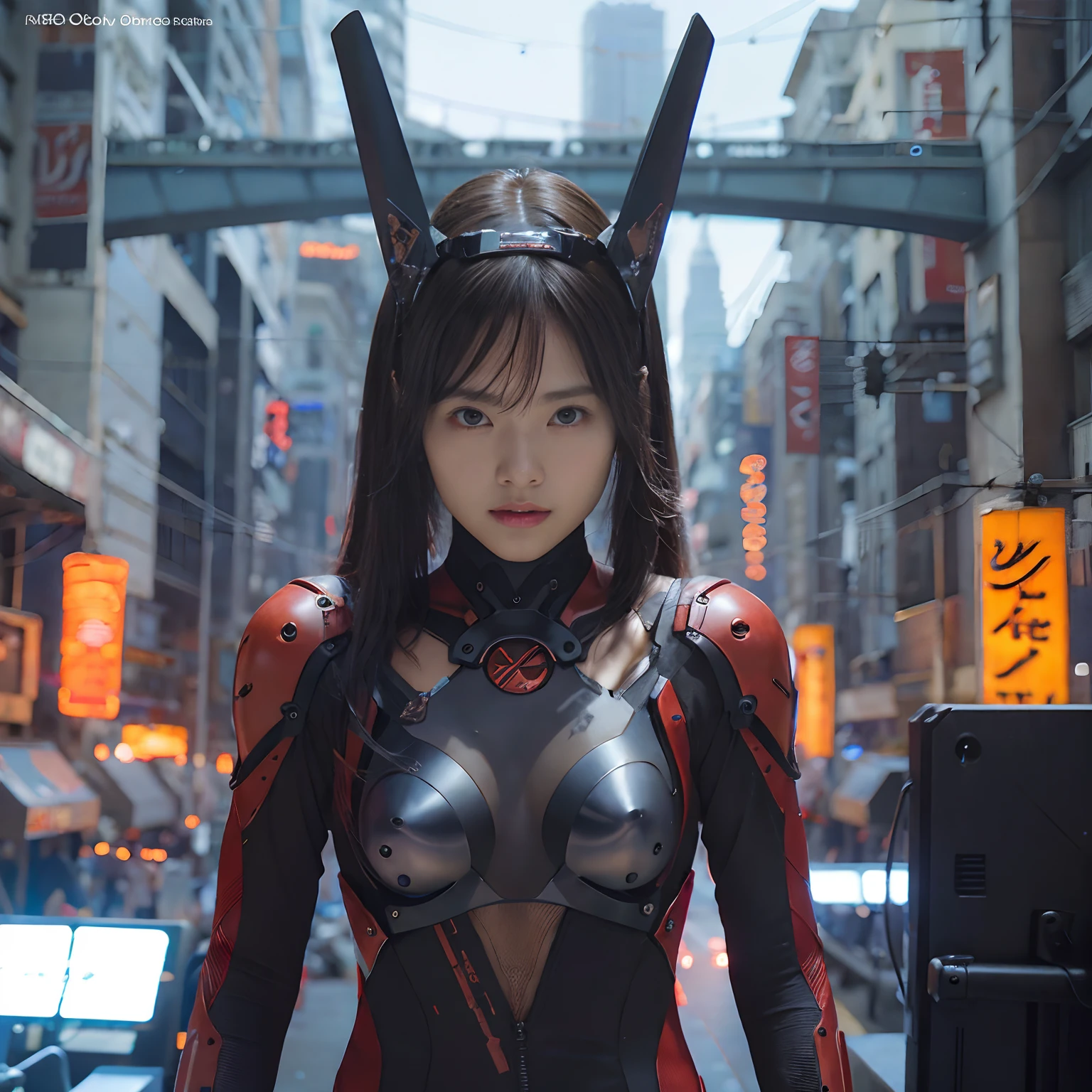 （Part of the skin is a computer）、top-quality、​masterpiece、超A high resolution、(With a futuristic machine gun、holding knive),（Wearing a futuristic hat）、(Photorealsitic:1.4)、Raw photo、女の子1人、Black hair、glowy skin、((1 Mechanical Girl))、((super realistic details))、portlate、（Mystical expression）、explosions、Particles of light、（Small LED lamp）、Wire tubes that glow all over the body、(With state-of-the-art weapons),globalillumination、Shadow、octan render、8K、Armpit、ultrasharp、Colossal tits、Small LED lamp、Raw skin is exposed in cleavage、metals、blood vessels connected to tubes、With weapons、Red bodysuit、Armpit、Cyberpunk city background、Details of complex ornaments、Japan details、highly intricate detail、Realistic light、CGSoation Trends、Blue eyes、radiant eyes、Facing the camera、neon details、（Tattoo numbers on the face）、Mechanical limbs、blood vessels connected to tubes、Mechanical vertebrae attached to the back、mechanical cervical attaching to neck、Wires and cables connecting to the head、Gundam、Small LED lamp、Toostock、Toostock、Futuristic machine gun、Knives、(White Metallic Bodysuit),（Futuristic motorcycle background）、