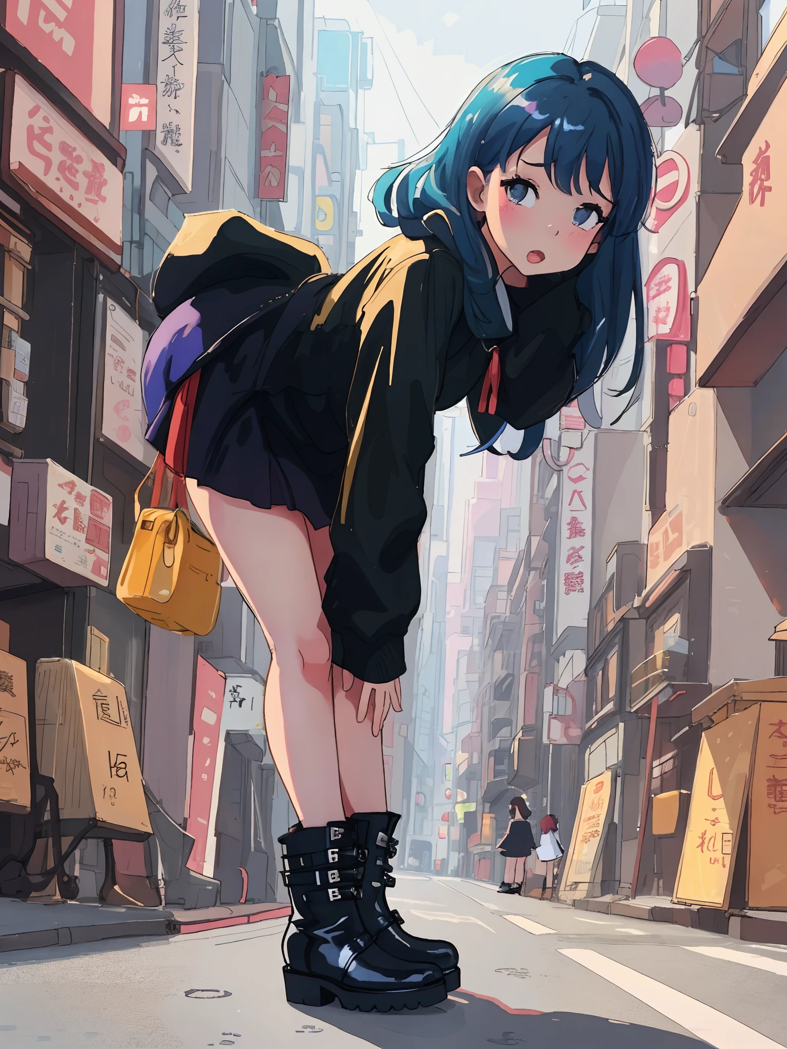 Anime girl with a dark hoodie and a brown backpack, Detalles morados, Flaccid clothing