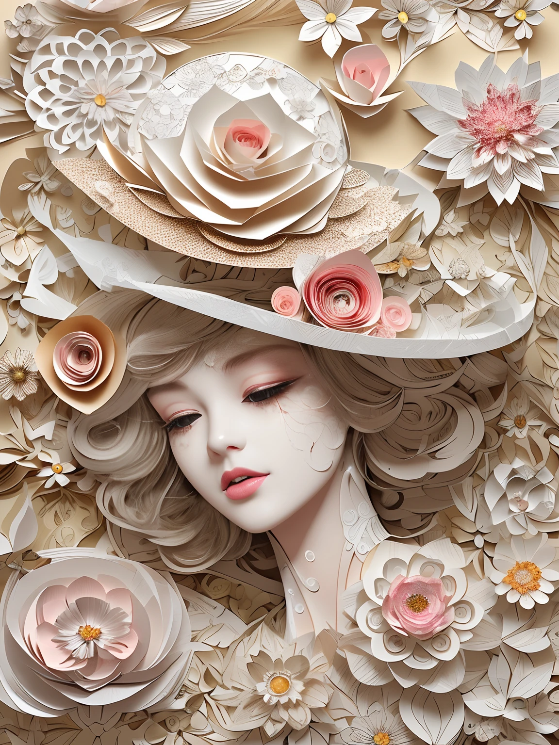(((paper art,paper cut out,)))There was a woman wearing a hat made of paper and paper flowers, Beautiful digital artwork, intricate wlop, pop japonisme 3 d ultra detailed, intricate digital painting, layered paper art, Detailed digital 3D art, Cute detailed digital art, dreaming face, paper art, lie on white clouds fairyland, , Exquisite digital illustration, gorgeous digital art