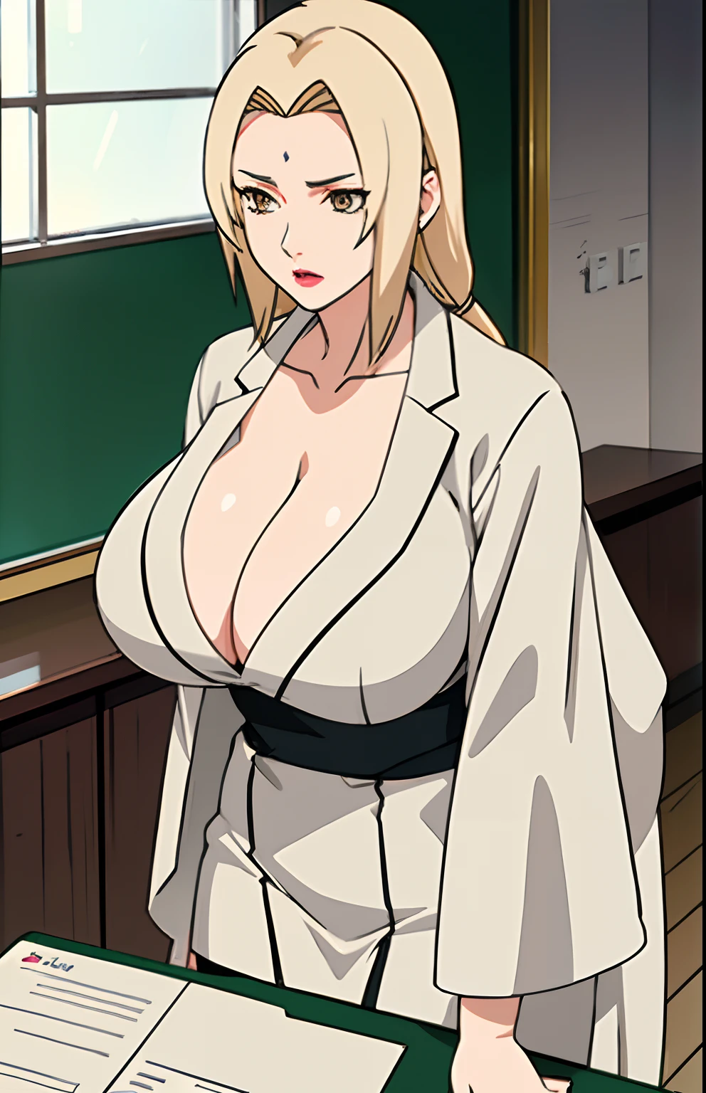 (Big tits), white shirt, (long coat), black tight skirt, fullbody, cleavage, good anatomy, masterpiece, best quality, 4k, 8k, professional photography, soft light, sharp focus, 1 girl, blonde hair, at classroom, blonde hair, parted banks, detailed face+brown eyes, open lips, lipstick, close up view, whiteboard