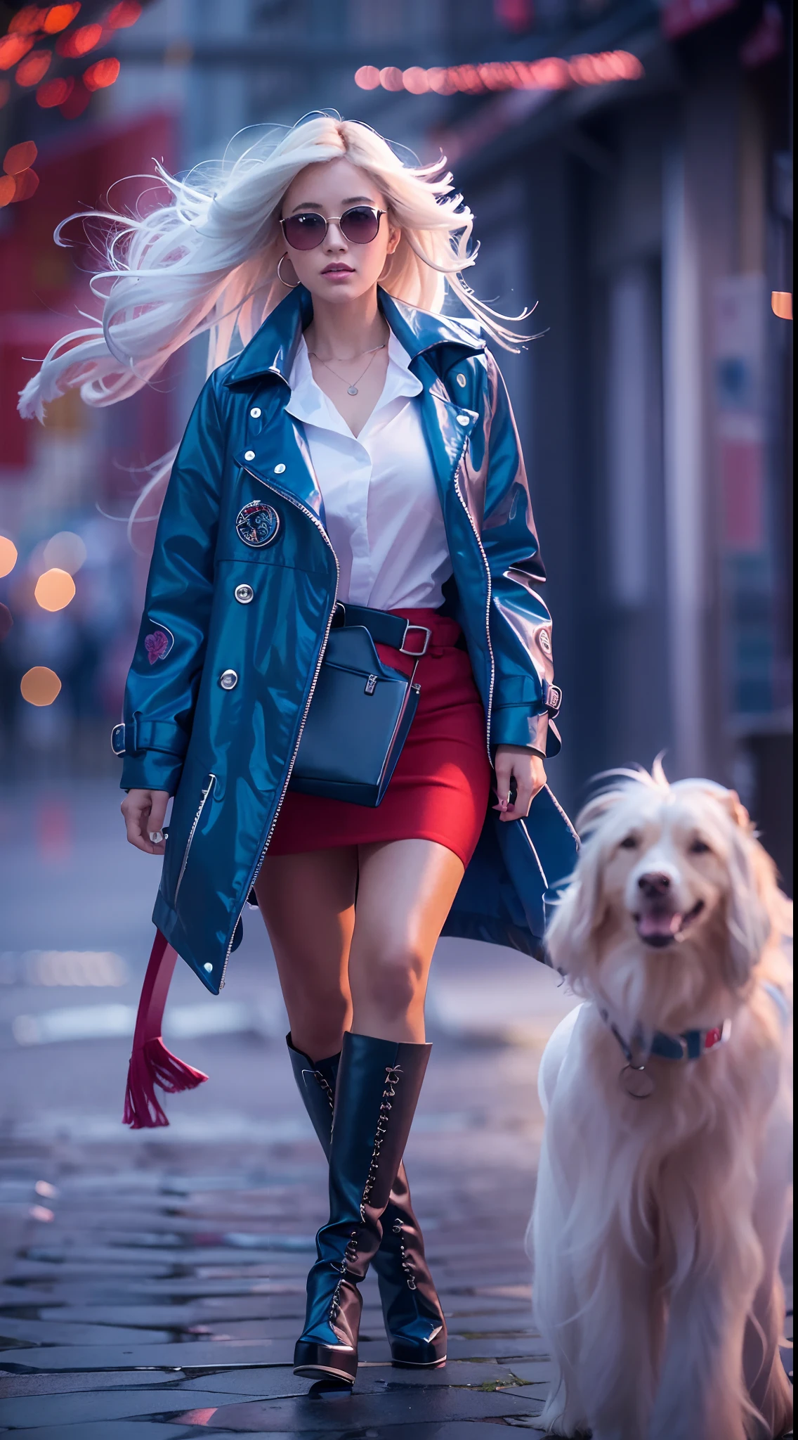 (Best quality,4K,8K,A high resolution,Masterpiece:1.2),Ultra-detailed,(Realistic,Photorealistic,photo-realistic:1.37),Long-range shooting,Blue-haired woman,Hair falls on the left shoulder,Wears a white trench coat lined in red, blackminiskirt,Patterned stockings,High heels,Walking on the street,Portrait,conceptual art,Blurred background,Soft lighting,Vivid tones