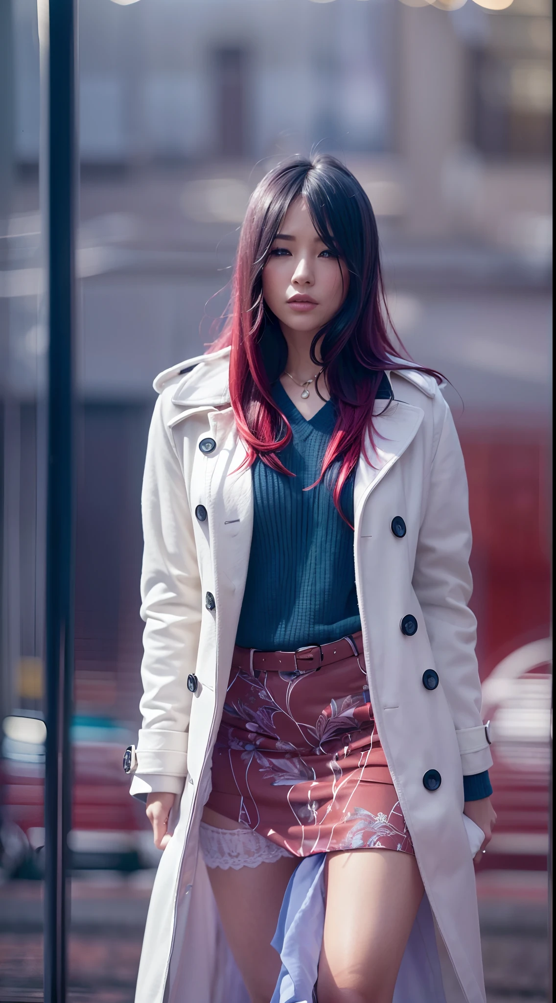(Best quality,4K,8K,A high resolution,Masterpiece:1.2),Ultra-detailed,(Realistic,Photorealistic,photo-realistic:1.37),Long-range shooting,Blue-haired woman,Hair falls on the left shoulder,Wears a white trench coat lined in red, blackminiskirt,Patterned stockings,High heels,Walking on the street,Portrait,conceptual art,Blurred background,Soft lighting,Vivid tones
