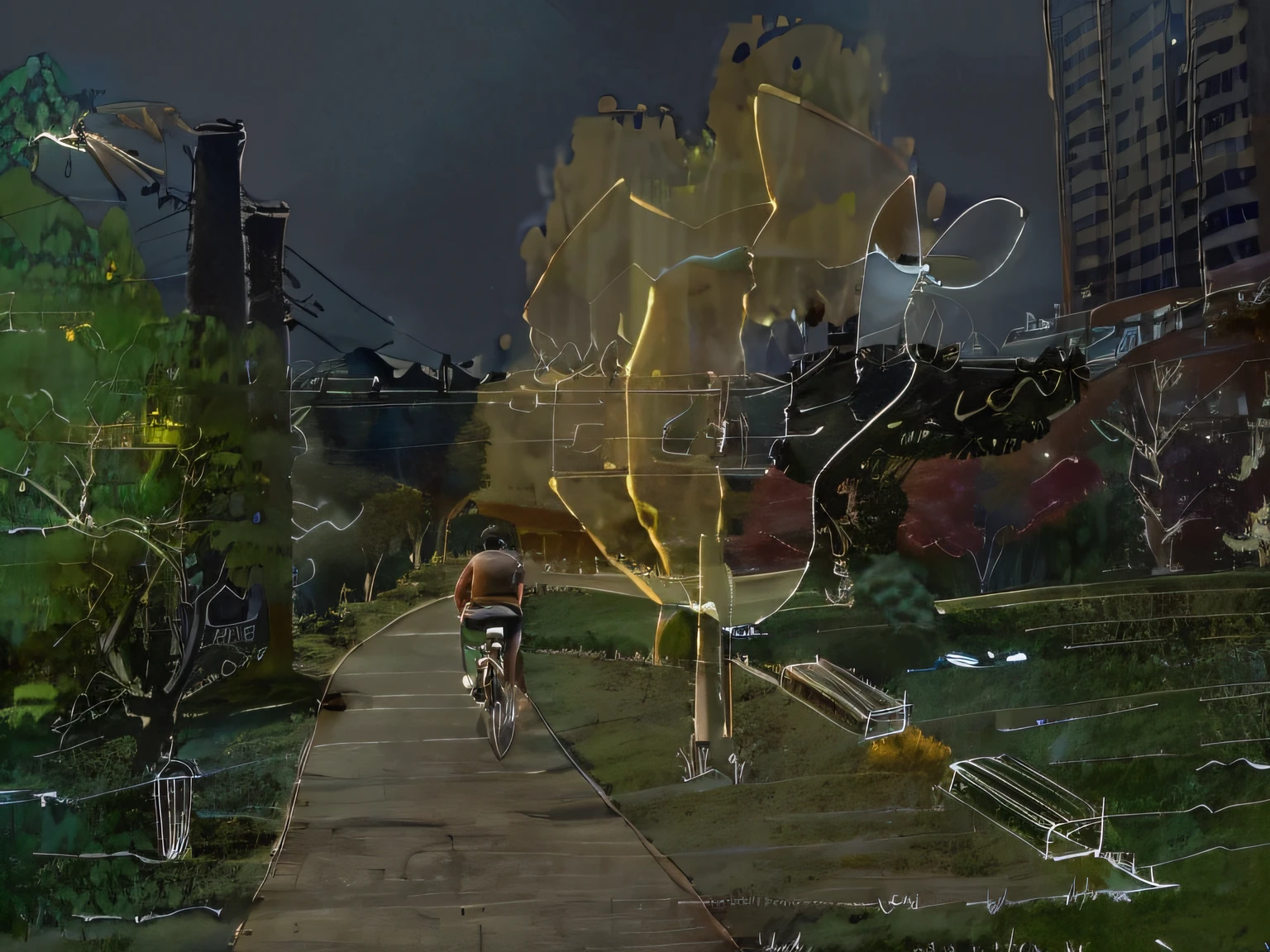 A person riding a bicycle on a path in the park,On the left is the Metasequoia forest,There is a platform and a tree on the right,Clean lawn,MIR renderings,Tree of reality