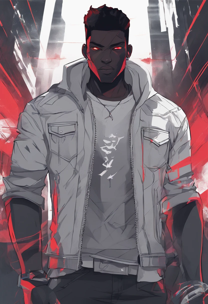 masterpiece, best quality, 1boy, t shirt, leather jacket, open jacket, muscular, scar across right eye , smug, dark skin, cybergoth clothing, white hair, black hair lights, red eyes, pointy ears, grey skin, black skin, neon lights, city. African American male with faded haircut, On his upper body, he wears three layers of clothes: a button-up white shirt with a protruding collar kept partially buttoned, a plain gray hoodie, and a black leather jacket with a red interior, two horizontal white lines on each sleeve, and a red tribal design on the back. On his lower body, he wears plain blue jeans and black shoes