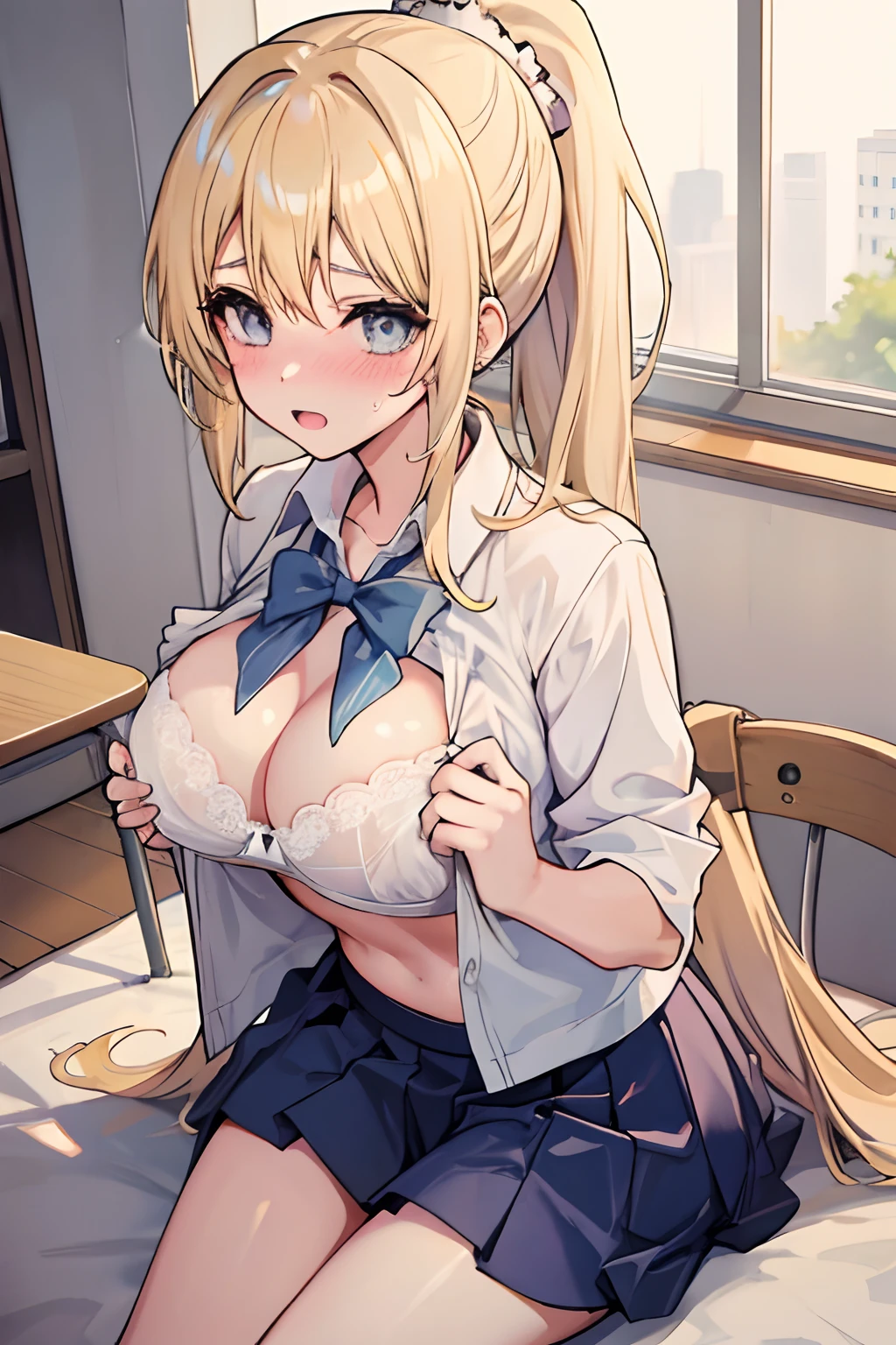 anime girl, blonde, ponytail, school uniform, giving a boobjob, white bra, blushing,