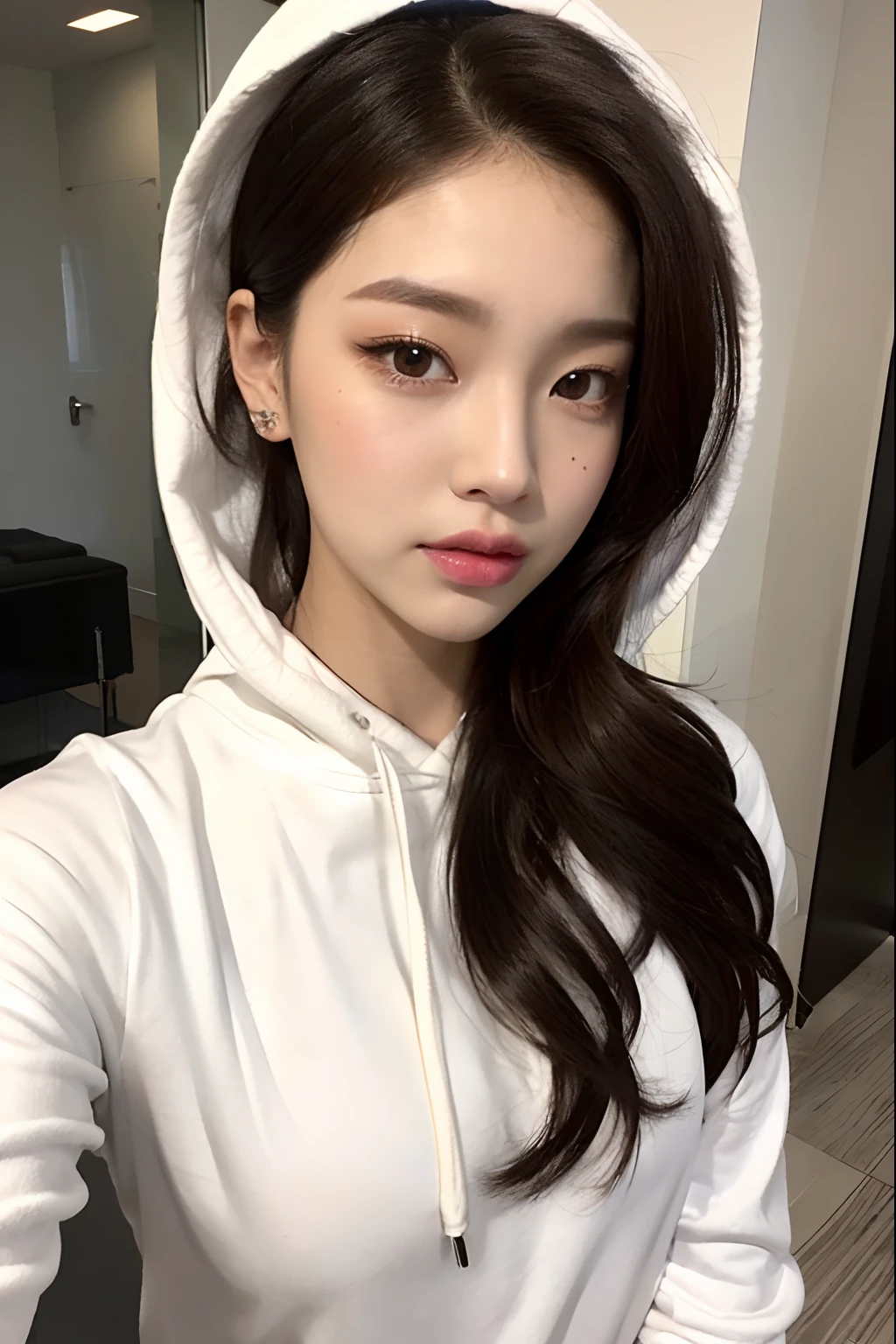 a close up of a person wearing a white outfit and a hoodie, jossi of blackpink, jaeyeon nam, roseanne park of blackpink, wan adorable korean face, lee ji-eun, lee ji - eun, park ji-min, portrait of jossi of blackpink, heonhwa choe, blackpink jennie, ruan jia beautiful!, tzuyu from twice
